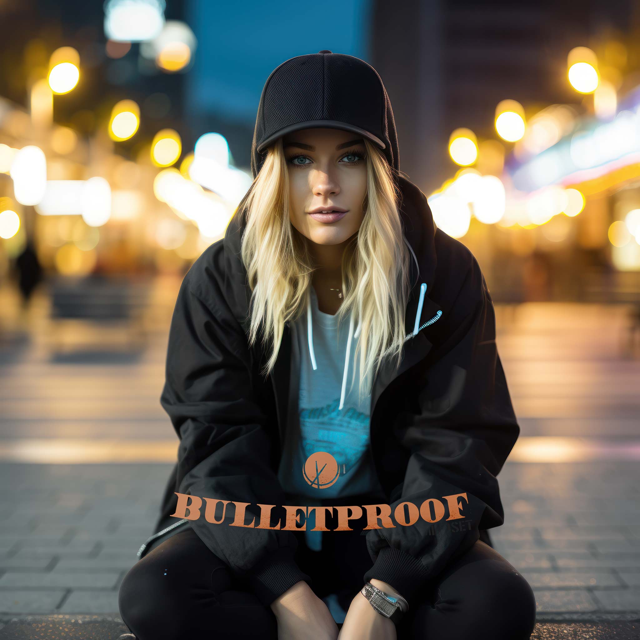 Intense scene titled "Bulletproof" featuring a blonde young girl in an all-black hoodie and black ripped jeans. She is sitting and looking very focused against a dark gray-black background, creating a strong and determined atmosphere.