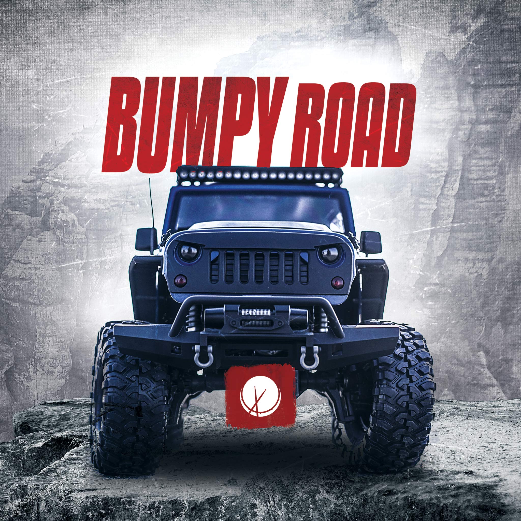 Exciting scene titled "Bumpy Road" featuring a monster truck with big wheels, resembling a Jeep Cherokee. The background is textured like stone, and there's red title text, creating a dynamic and adventurous atmosphere.