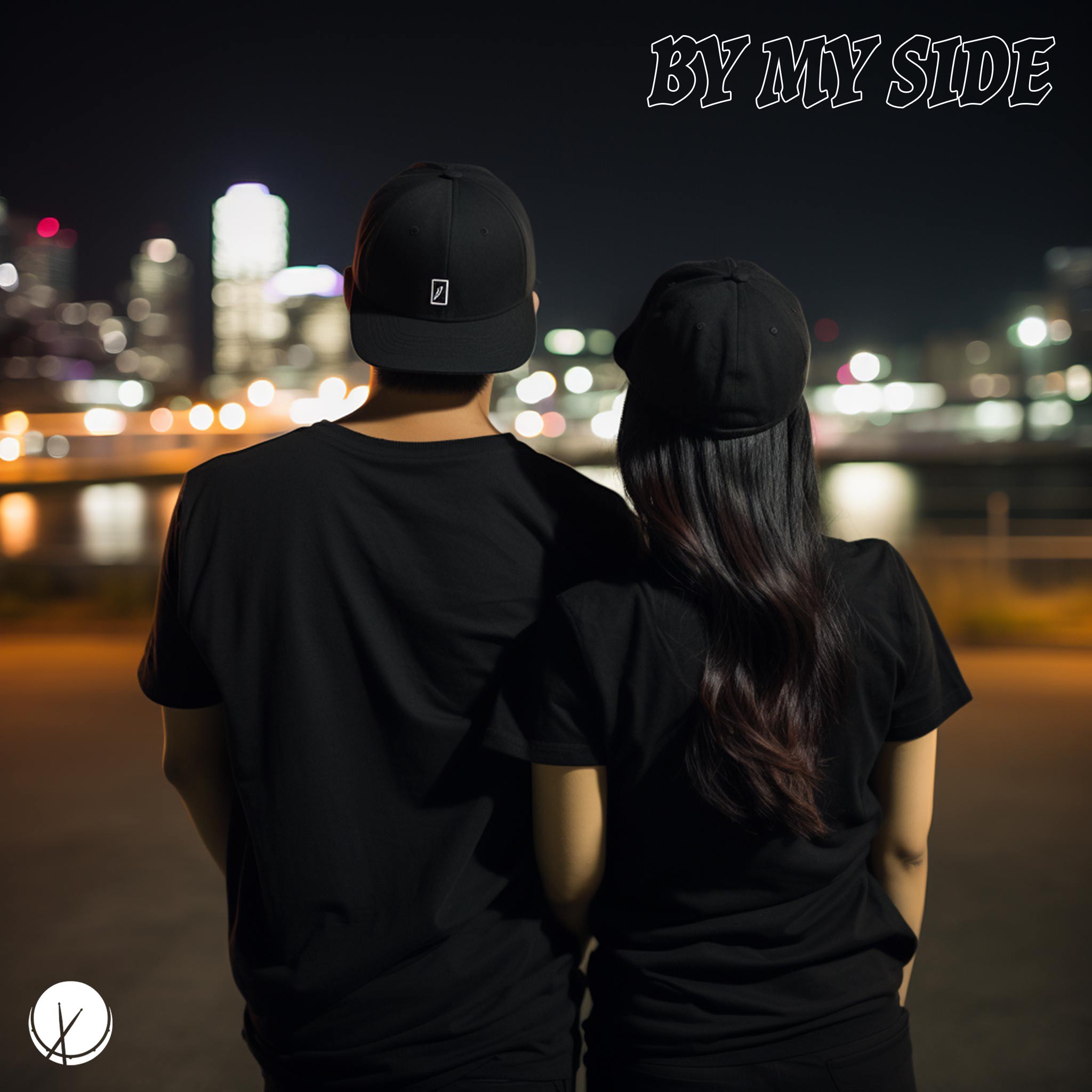 Heartwarming scene titled "By My Side" featuring a young Asian couple in a rear point of view. They are wearing matching black baseball caps and black t-shirts, standing outside during the nighttime, creating a cozy and unified atmosphere.