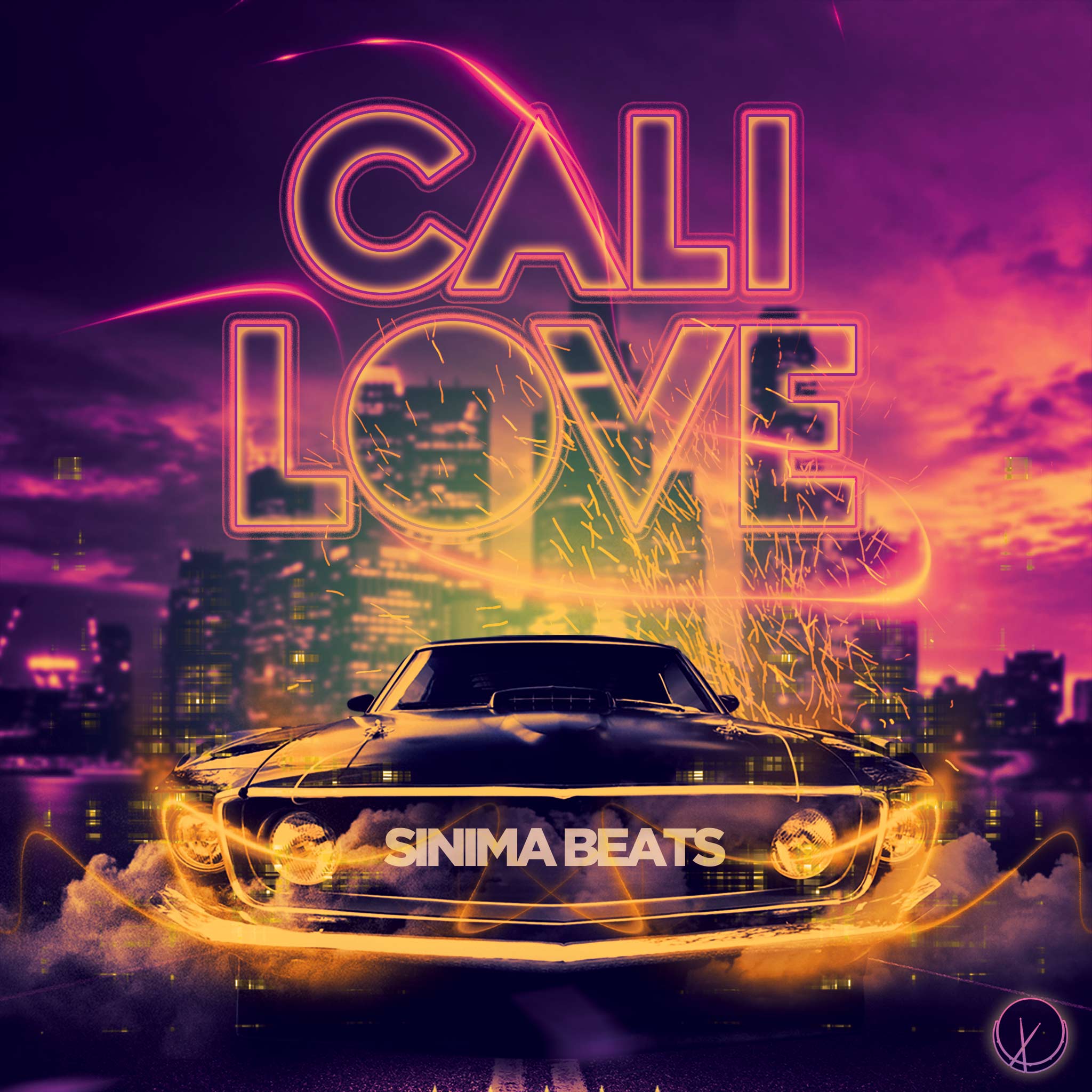 Capturing "Cali Love" with vibrant colors. A muscle car stands out against a city skyline in the background, adorned with purple, pink, and yellow hues. The image radiates the energetic and lively spirit of California.