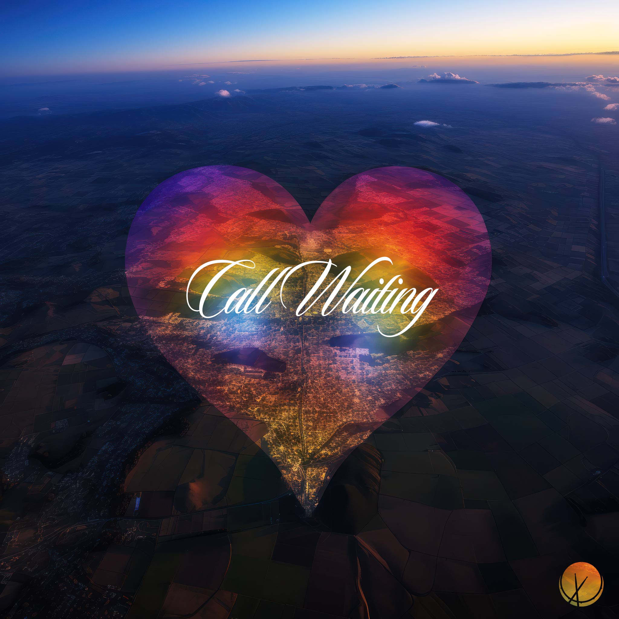 Call Waiting: A beautiful aerial view capturing a heart shape in rainbow hues, set against the landscape below. An enchanting scene to convey warmth and positivity.