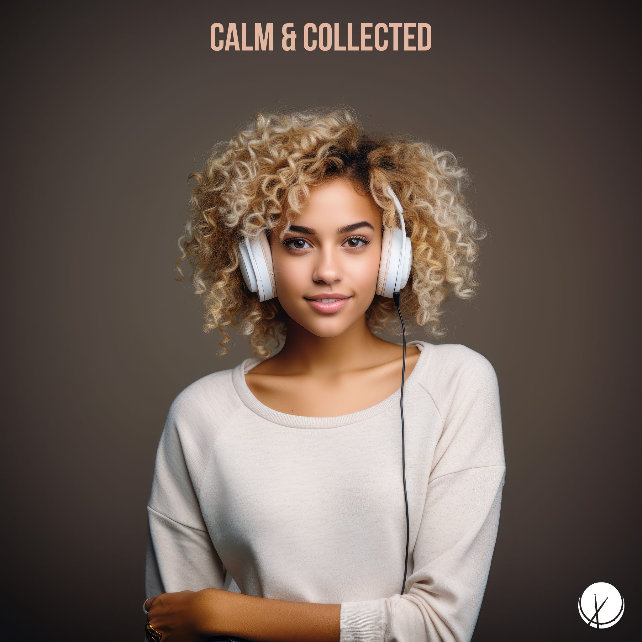 Sporty-Looking Mixed-Race Woman with Golden Blonde Curly Hair in White Sweater, Wearing Headphones - Calm and Collected