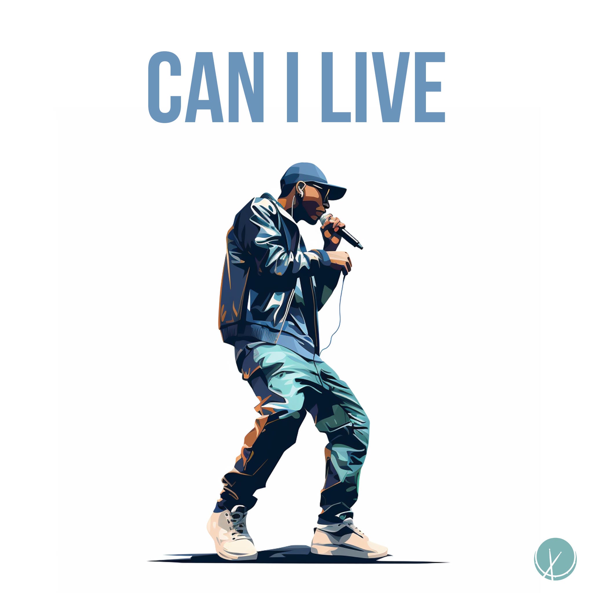 Dynamic illustration titled "Can I Live" featuring a rapper holding a microphone in profile view. The illustration captures the full body of the rapper against a solid white background, making it an impactful and stylish hip-hop rap cover art.