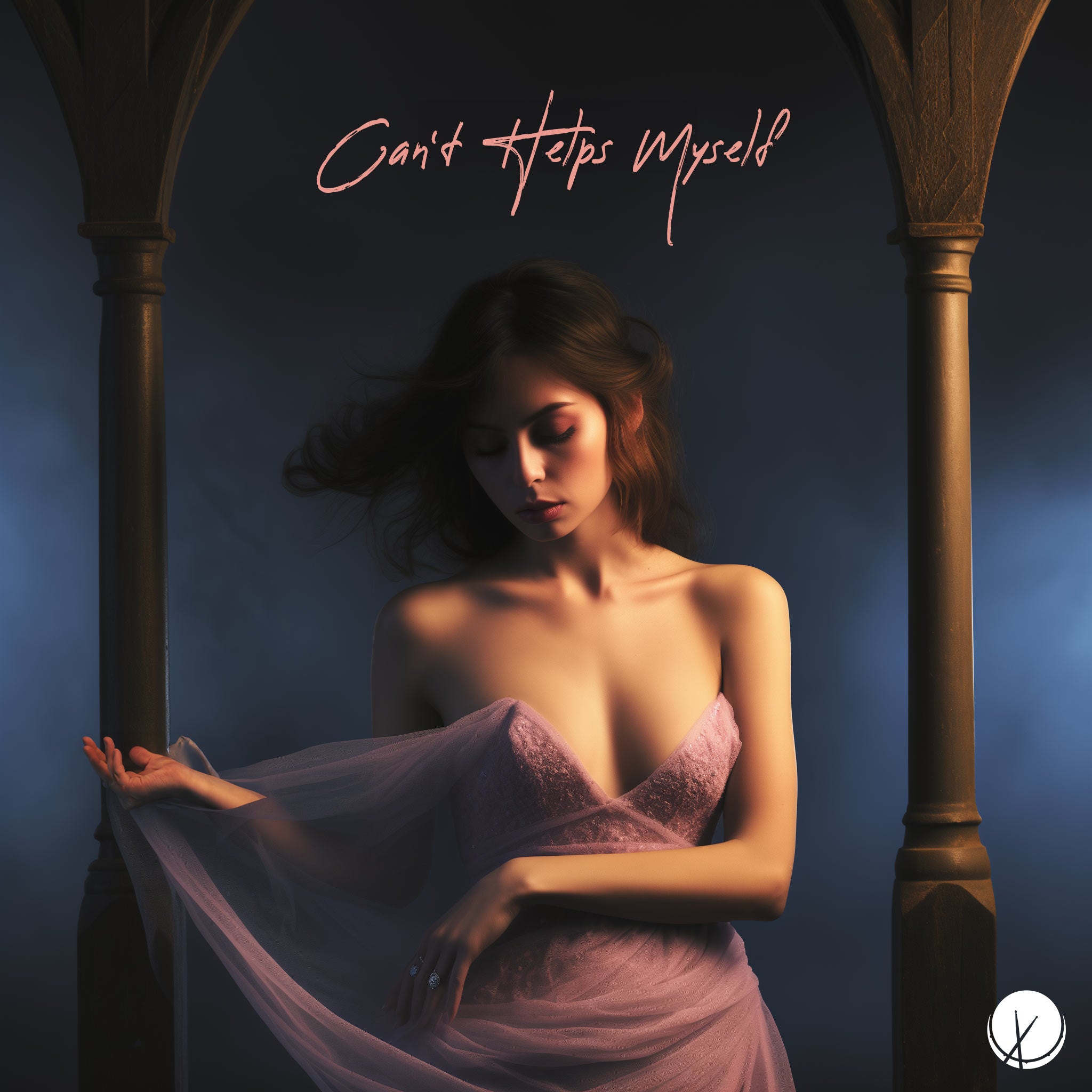 Captivating scene titled "Can't Help Myself" featuring a beautiful brunette woman looking down in a pink strapless dress. The atmosphere is enveloped in fog, and bronze columns add an elegant touch to this alluring cover art.