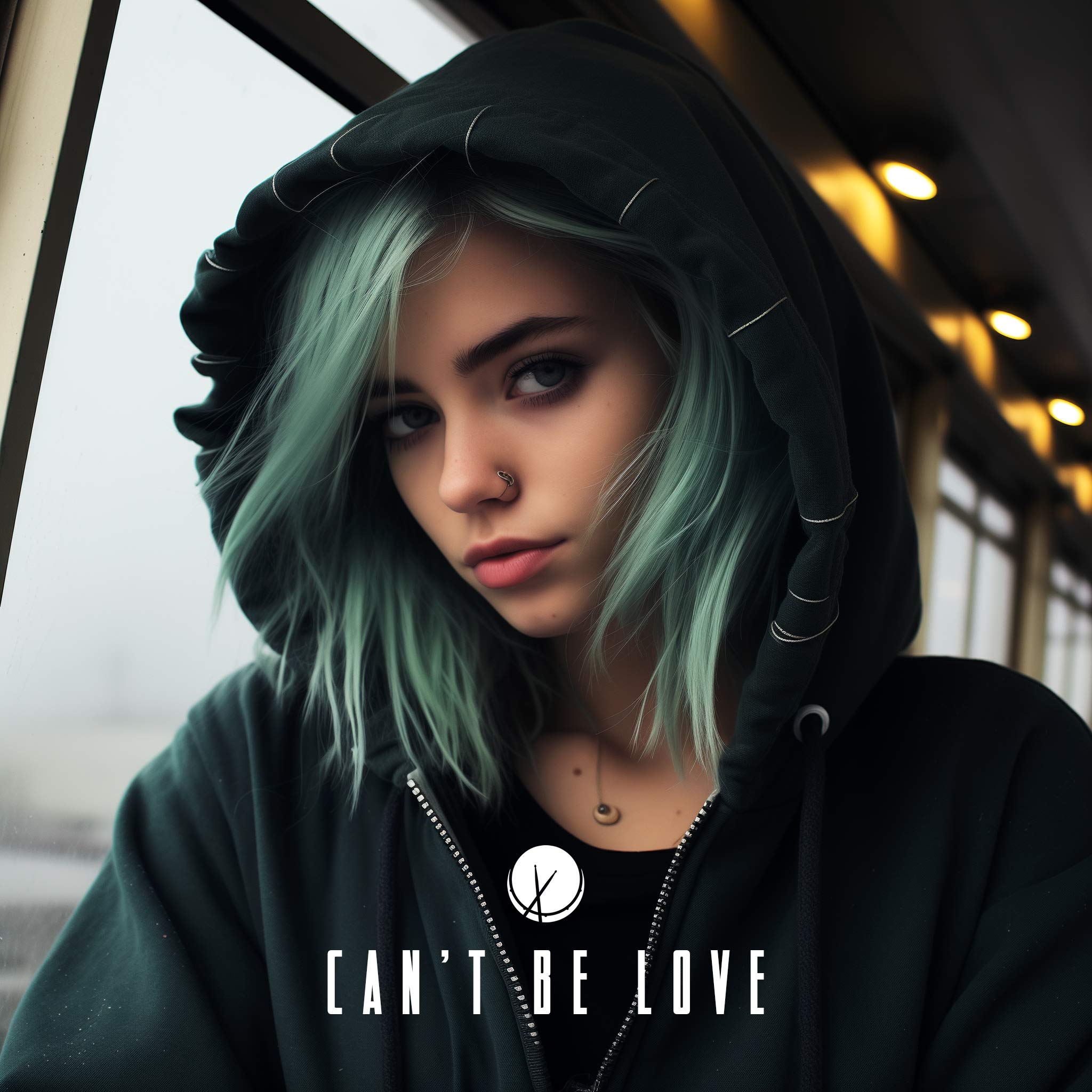 Can't Be Love: Cute Girl with Dyed Green Hair Wearing Hood Over Her Head Covering, Looking at the Camera.