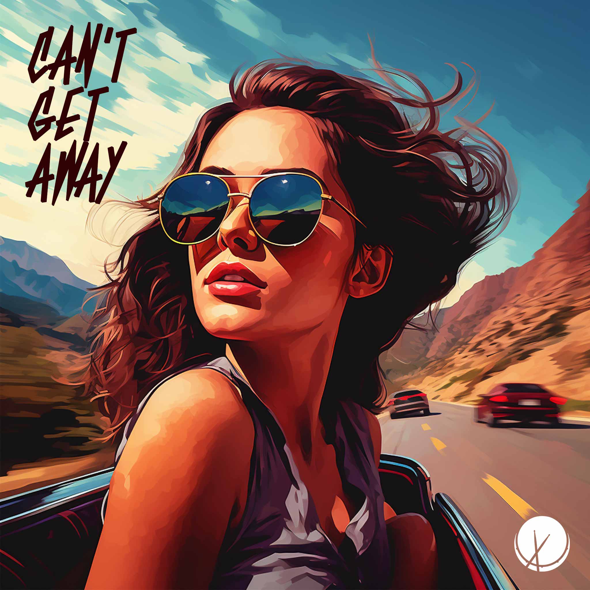 Illustration of Brunette Woman Driving Sports Car on Mountainous Road in High Resolution, 2048px by 2048px. Title: "Can't Get Away."