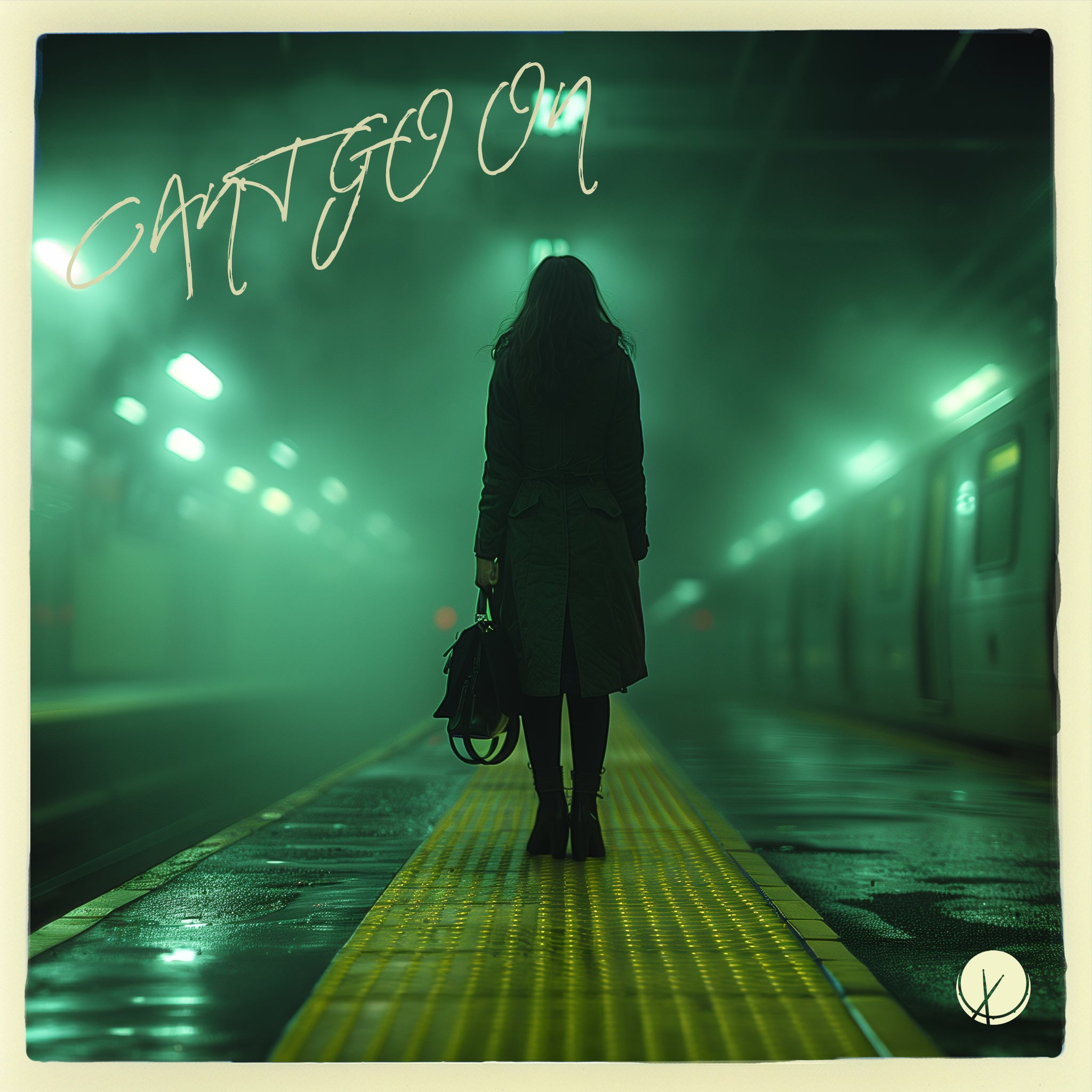 Evolving scene titled "Can't Go On" featuring a polaroid photo of a young girl. She is wearing an overcoat with a black handbag, captured while waiting and standing at a train station. The background is in a vibrant green hue, and the title text is in a beige color, adding a touch of warmth and significance to the composition.