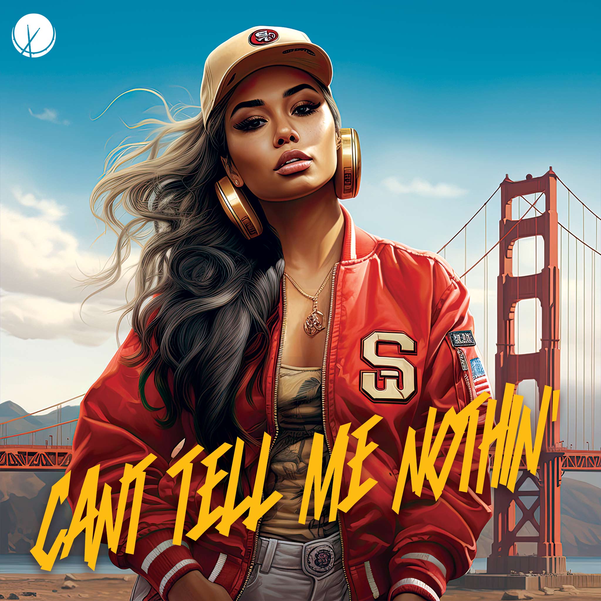 In "Can't Tell Me Nothin'," a captivating woman rocks the streetclothes of the San Francisco 49ers in this HipHop album cover. The background exudes an epic hyperrealism, setting the tone for an unforgettable musical experience.