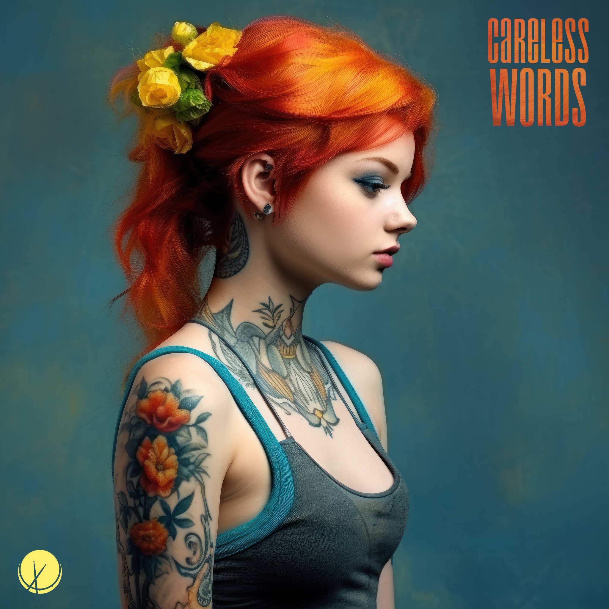 Expressive scene titled "Careless Words" featuring a red-headed, beautiful girl with turned head, dyed green and blue highlights, and tattoos of flowers. She wears a tank top adorned with flower designs against a light-colored background with a hint of yellow, creating a captivating visual narrative.