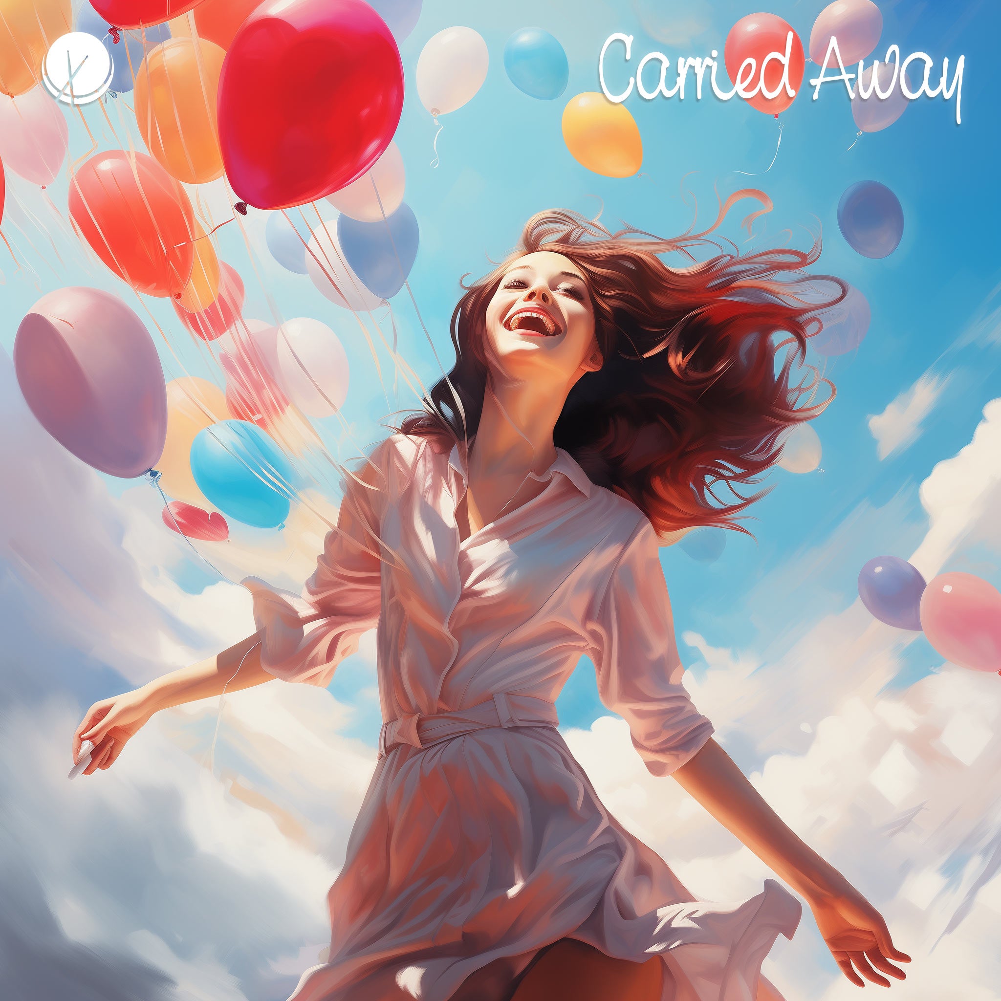 Woman in fits of laughter, wearing a pink dress, joyfully lifted into the sky by countless balloons on a bright day with white clouds.