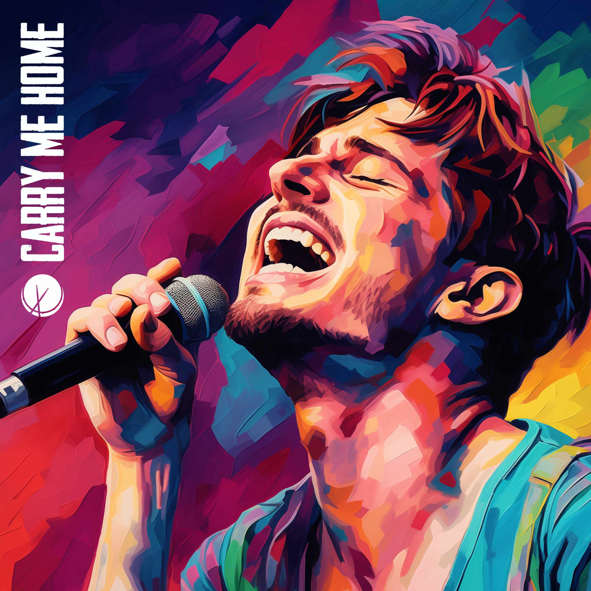 Carry Me Home: White Man Singing into Microphone Passionately - Photorealistic Illustration with Vibrant Colors.