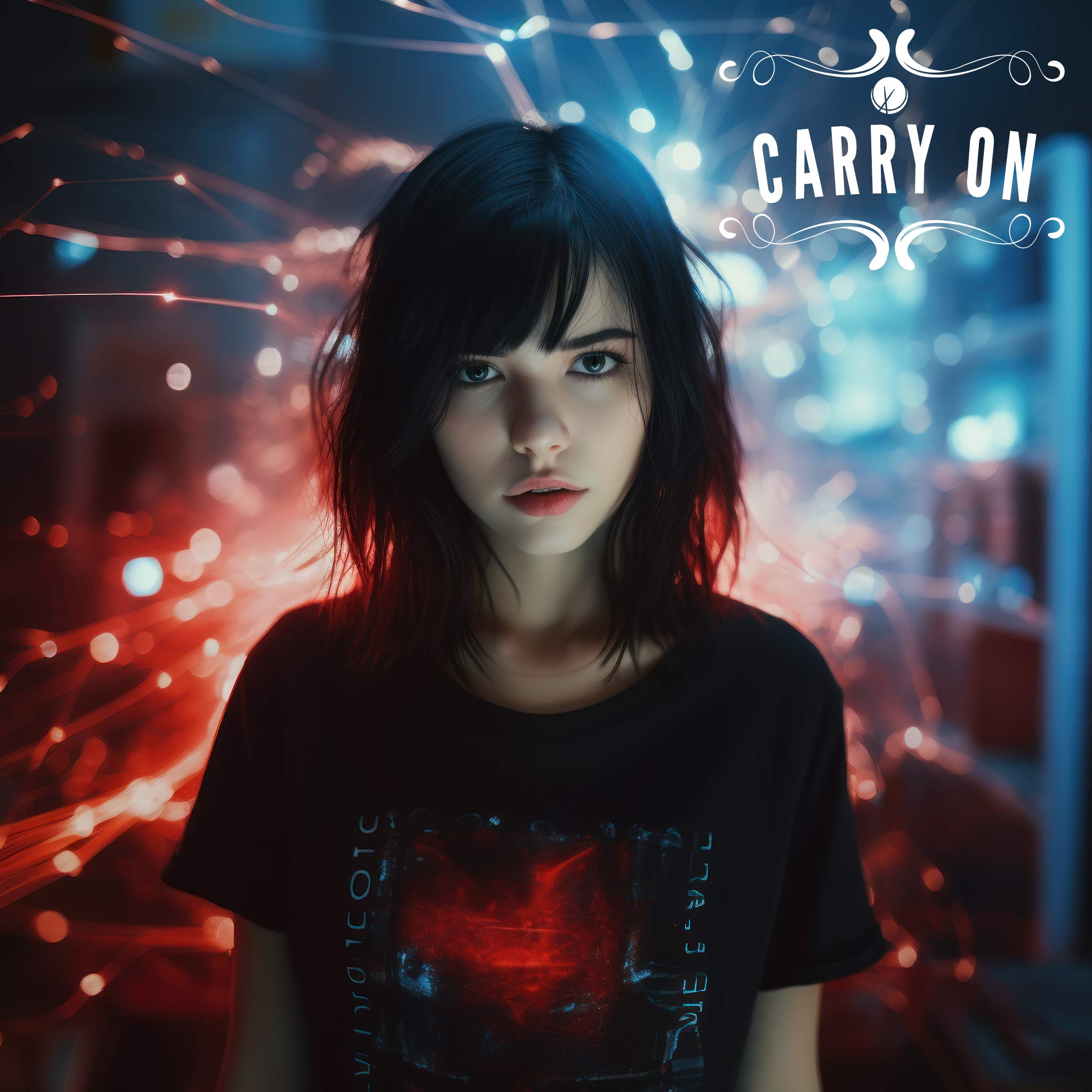 Young Girl in Black T-Shirt with Serious Expression in a Room with Beautiful Particle Lights from a Projector in Red and Blue Colors Blended - Carry On