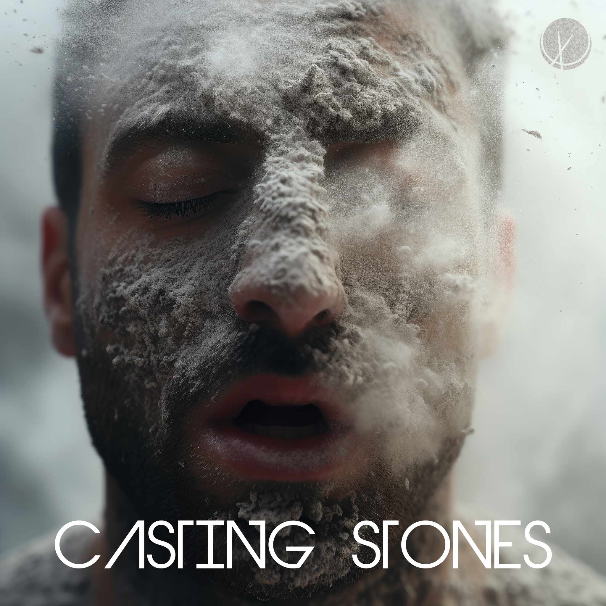 Symbolic scene titled "Casting Stones" featuring a close-up of a man's face reacting to hurtful words from their significant other, depicting the emotional pain caused by the words.