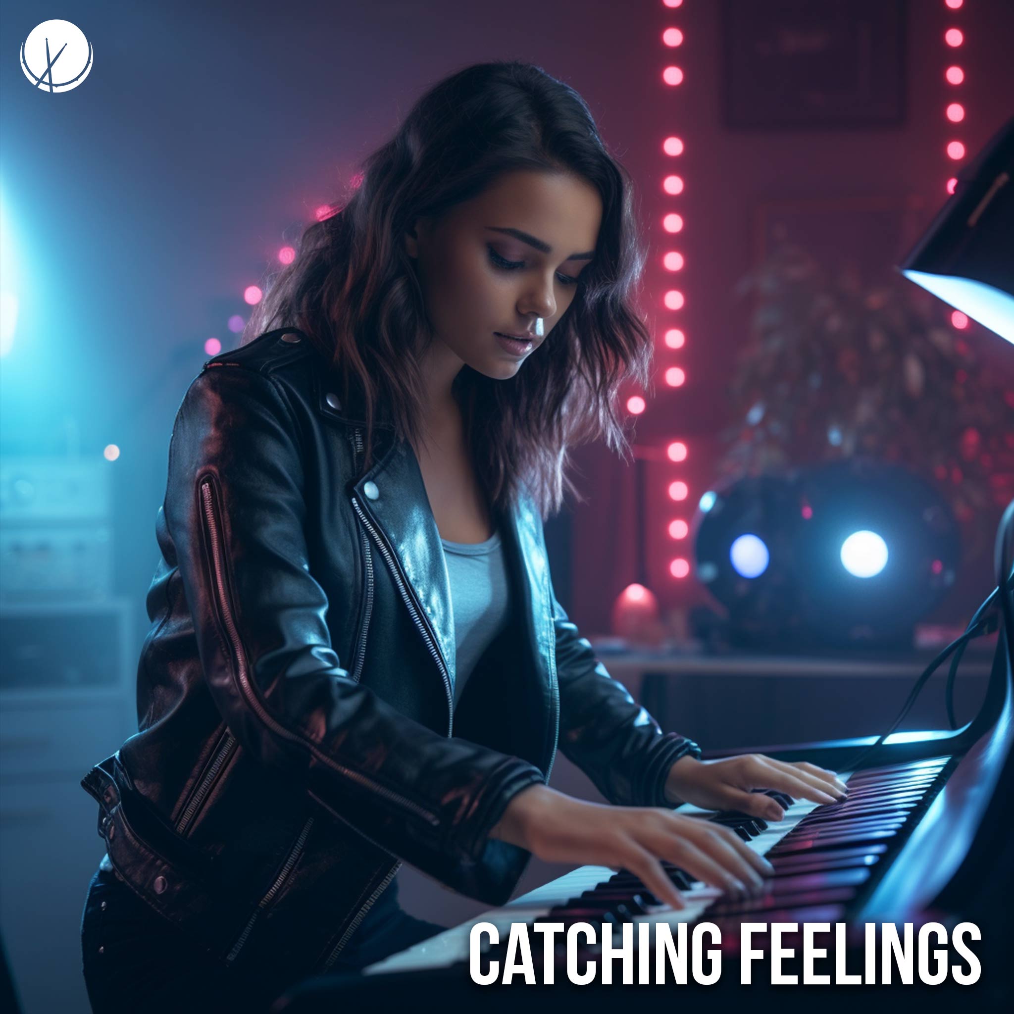 Captivating scene titled "Catching Feelings" featuring a beautiful young brunette wearing a black leather jacket and gray t-shirt, playing the keyboard in her home studio with neon lighting. The image captures a moment of creativity and expression.