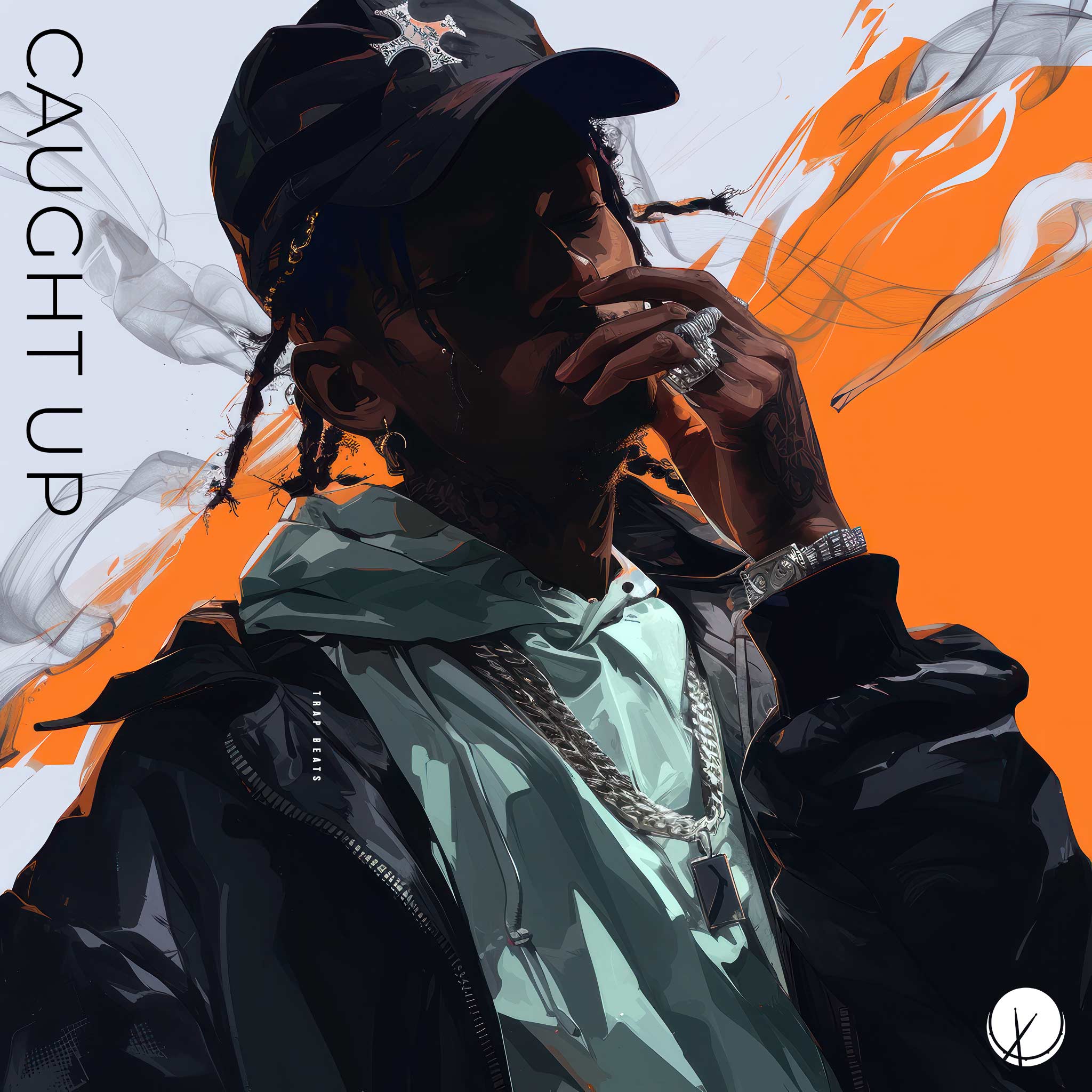 Illustration of Rapper in Winter Clothes with Baseball Cap, Dreads, and Silver Jewelry on Gray and Orange Background - Caught Up