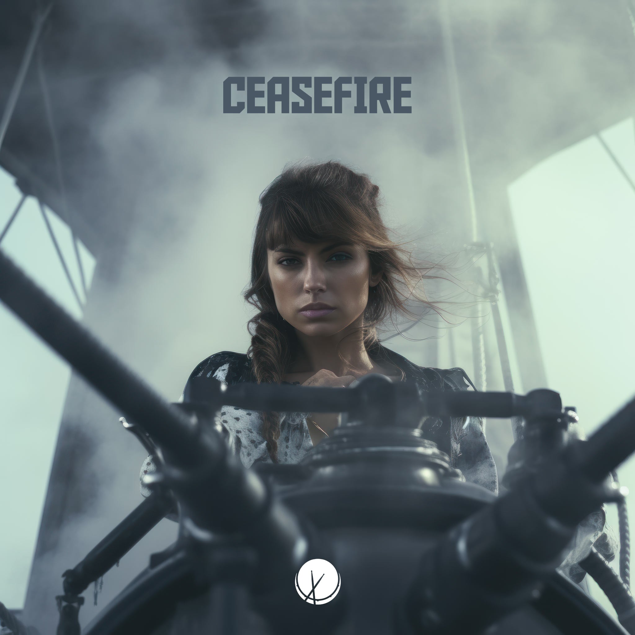 Compelling scene titled Ceasefire featuring an intense brunette woman standing by a cannon on a yacht, with smoke rising in the background. The atmosphere conveys a powerful and dynamic moment.