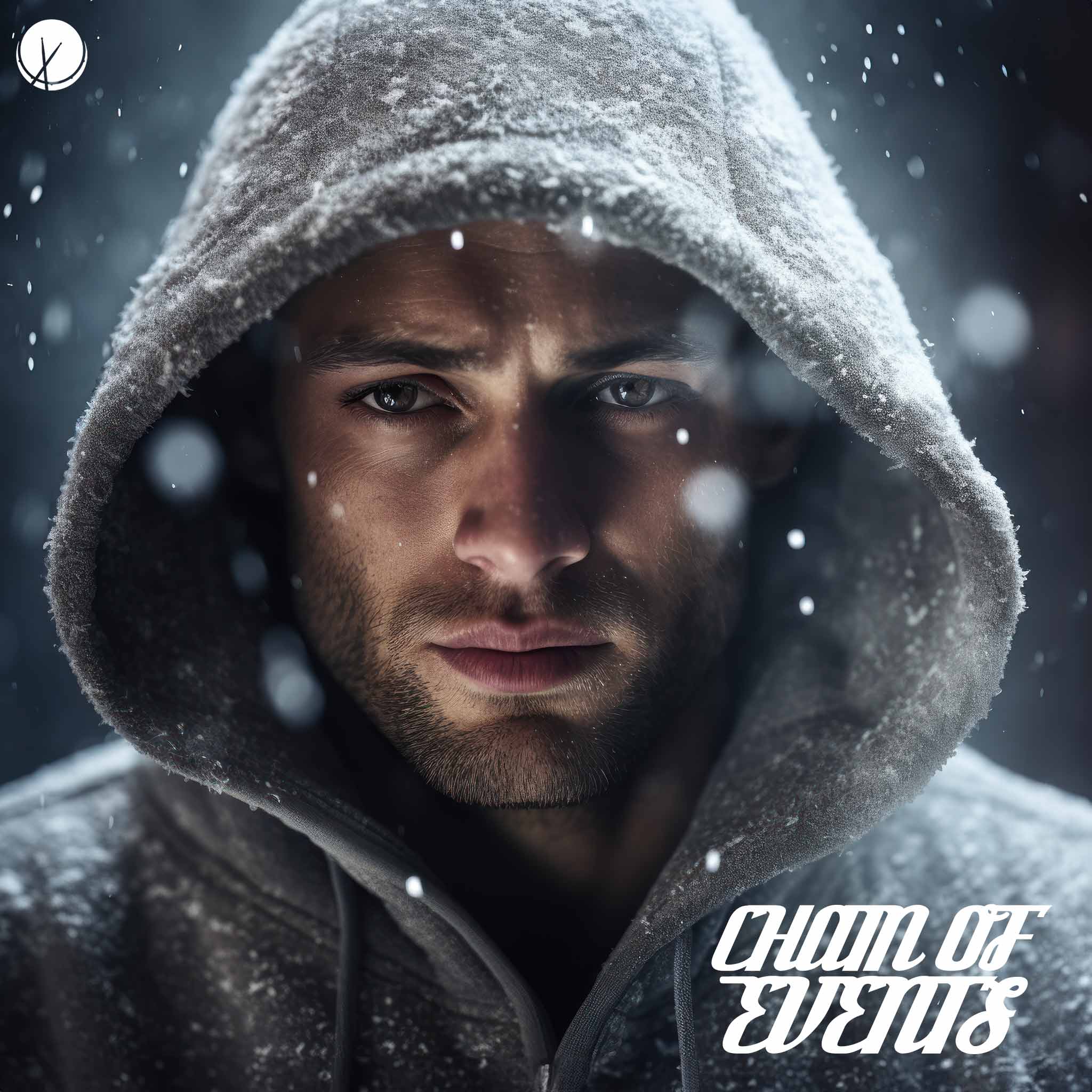 Evocative scene titled "Chain of Events" featuring a close-up from chest up of a white man wearing a gray hooded sweatshirt in cold weather with snow falling. His worried facial expression adds a sense of emotion and anticipation to the composition.