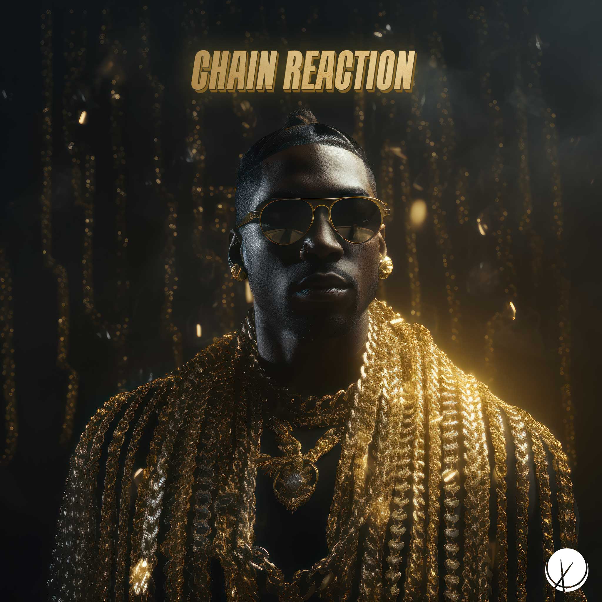 Striking scene titled "Chain Reaction" featuring a black rapper wearing countless gold chains with a diamond-studded emblem, golden-rimmed sunglasses, and gold earrings. The dark background with gold textures adds a luxurious and stylish touch to the composition.