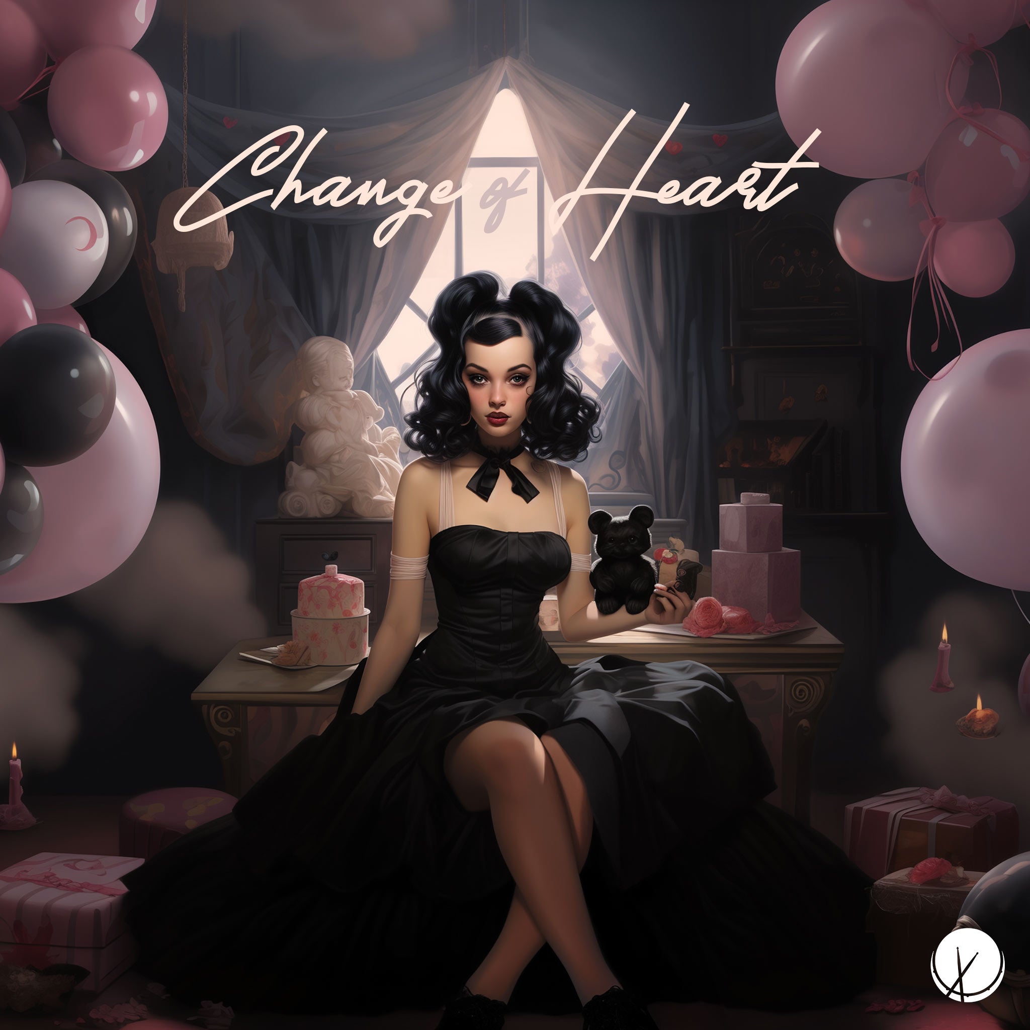 Transformative scene titled "Change of Heart" featuring a beautiful young lady sitting in a room. She is wearing a flowing black dress and surrounded by pink balloons, holding a black teddy bear. The composition exudes a sense of change and emotional depth.