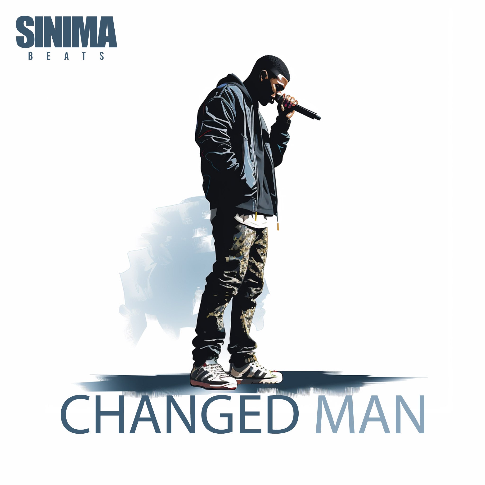 Illustration of Sad Rapper Wearing Urban Style Clothing, Holding Microphone Close to His Face On Solid White Background. Title: "Changed Man."