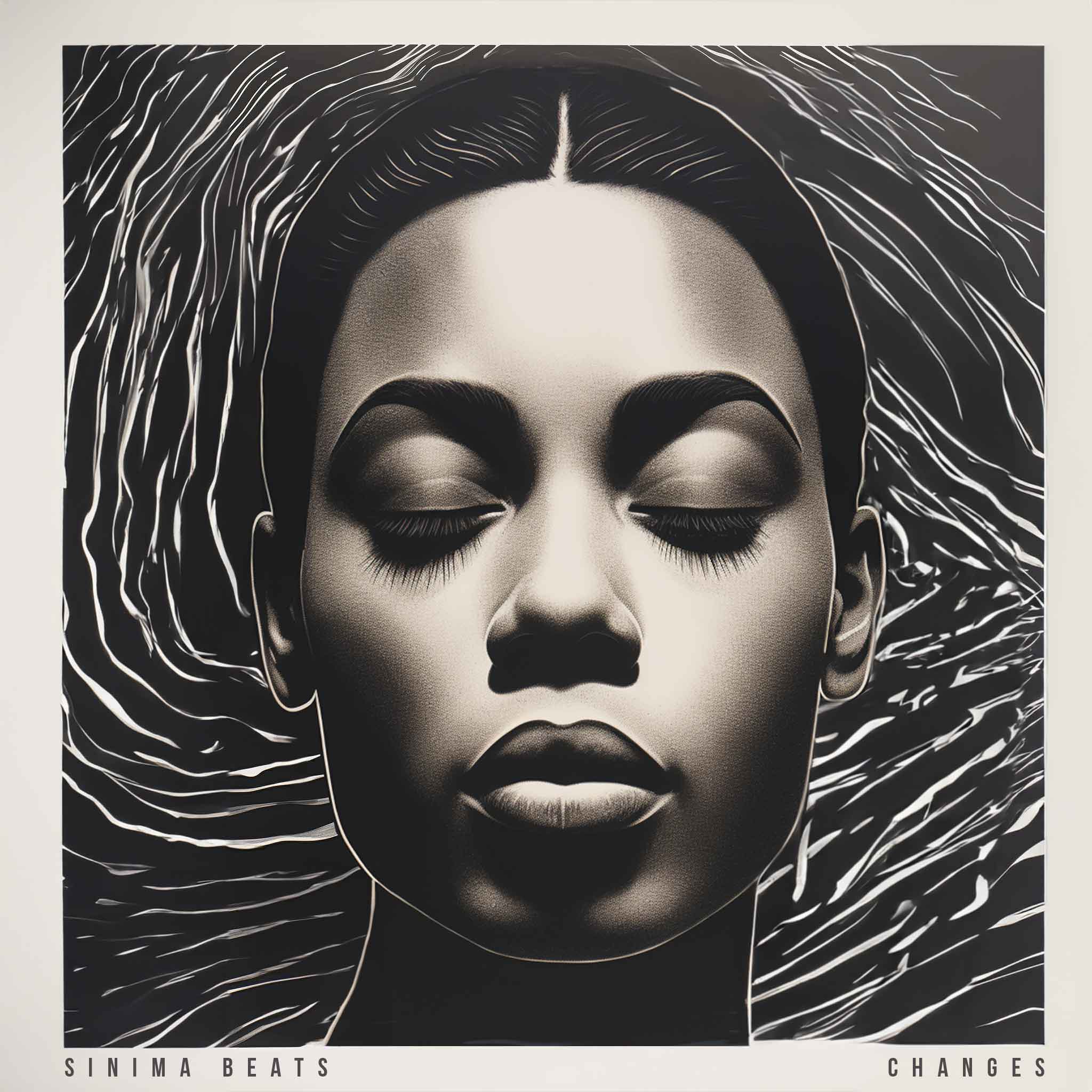 Expressive illustration titled "Changes" featuring a close-up of a black woman's face with a somber and sad expression. The image is in black and white, hand-drawn, with a swirl design in the background. The framed edges resemble a polaroid, creating a poignant and artistic composition.