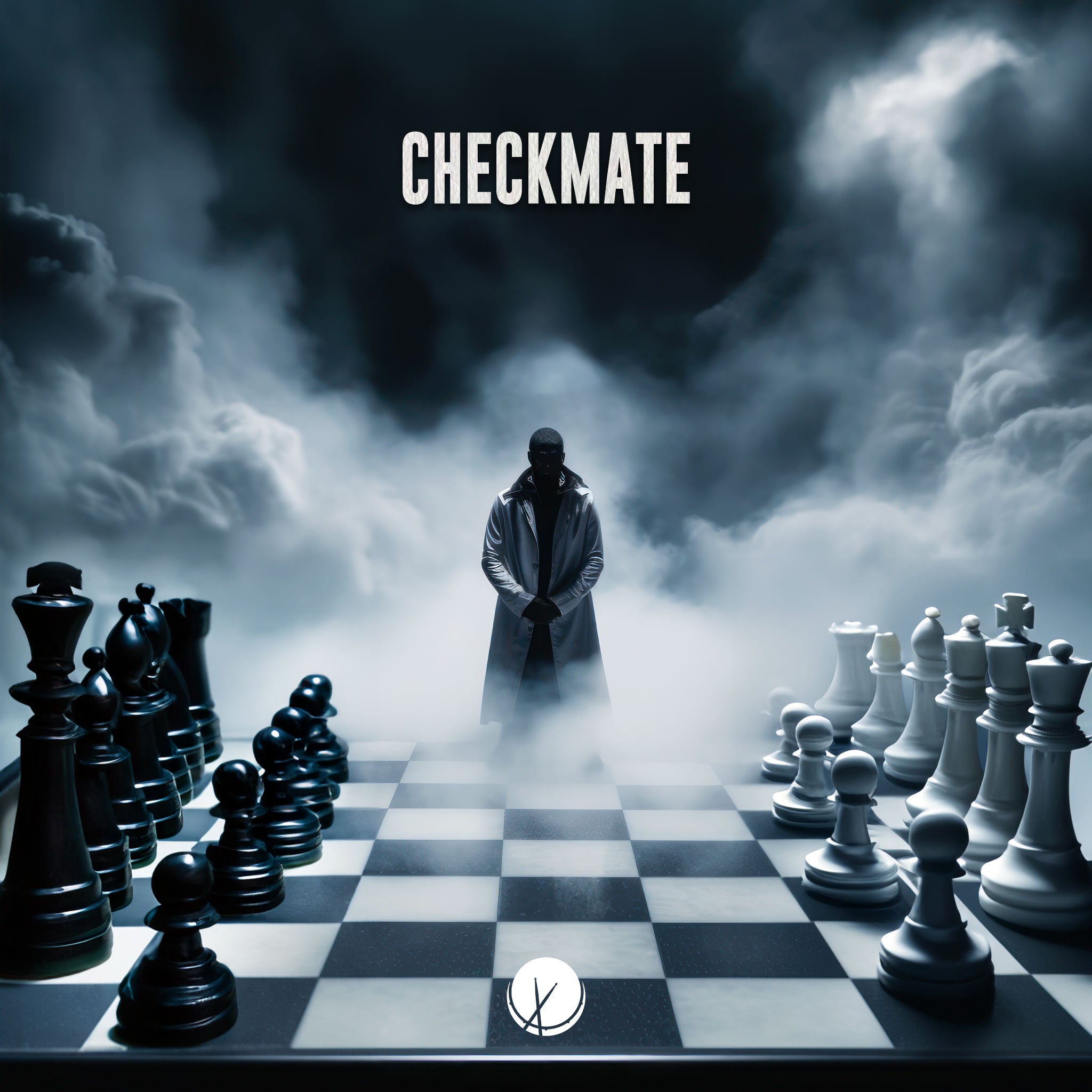 Black Man Wearing White Trenchcoat Standing on Life-Sized Chessboard Surrounded by Chess Pieces in Heavy Fog - Checkmate