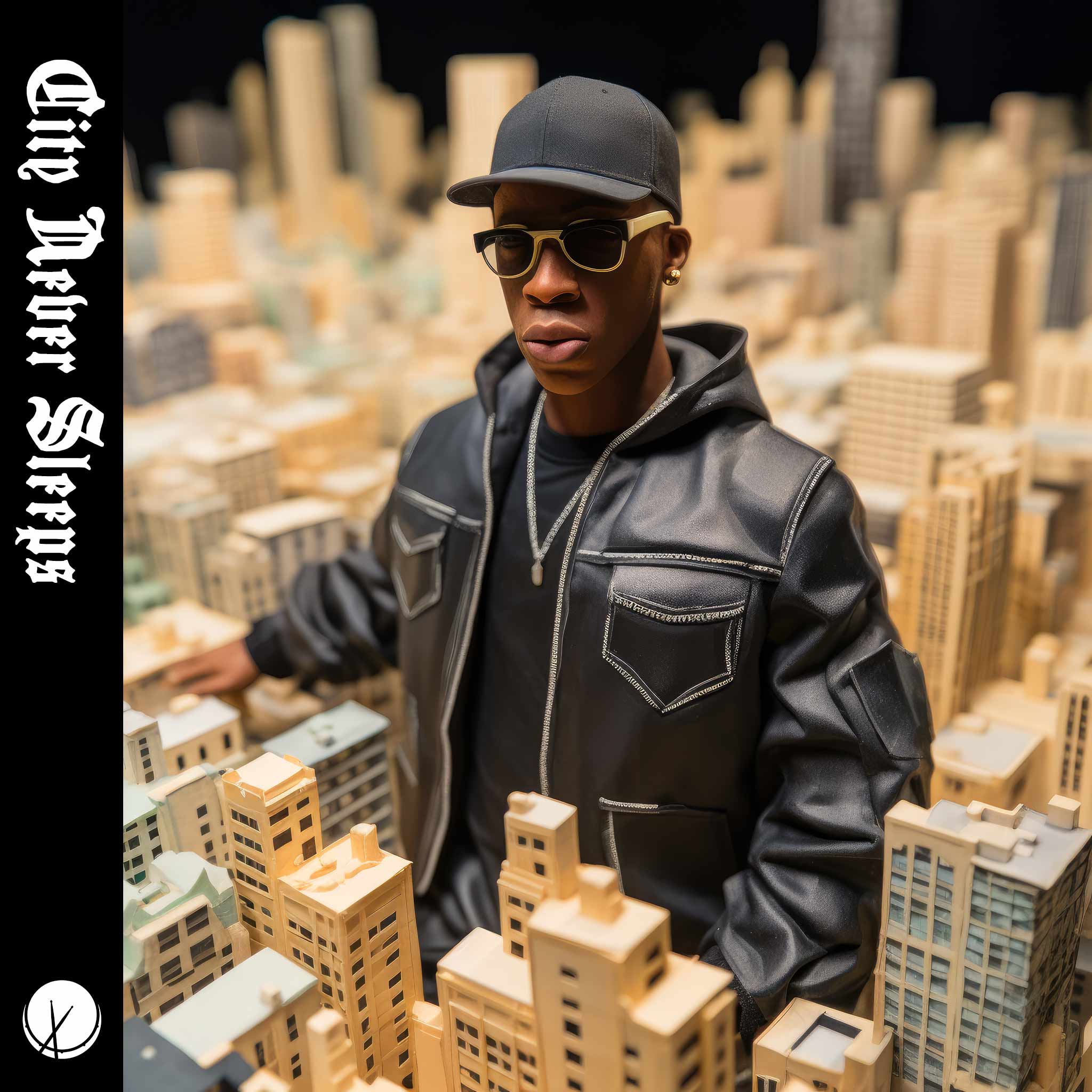 "City Never Sleeps" presents a rapper donned in a black leather jacket, baseball cap, and sunglasses, positioned inside a large model city structure with a plastic-like design.