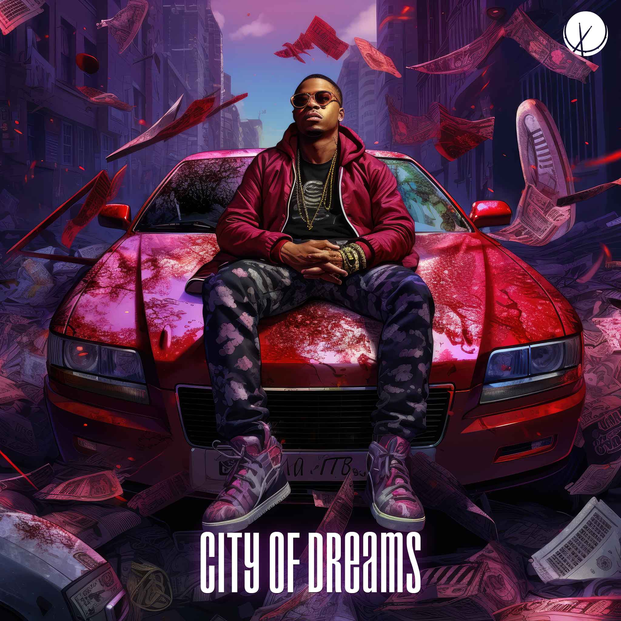 "City of Dreams" envisions a rapper in stylish clothing and jewelry, donning sunglasses, seated atop a red sedan in the middle of the street with money flying everywhere, set against a vibrant daytime backdrop.