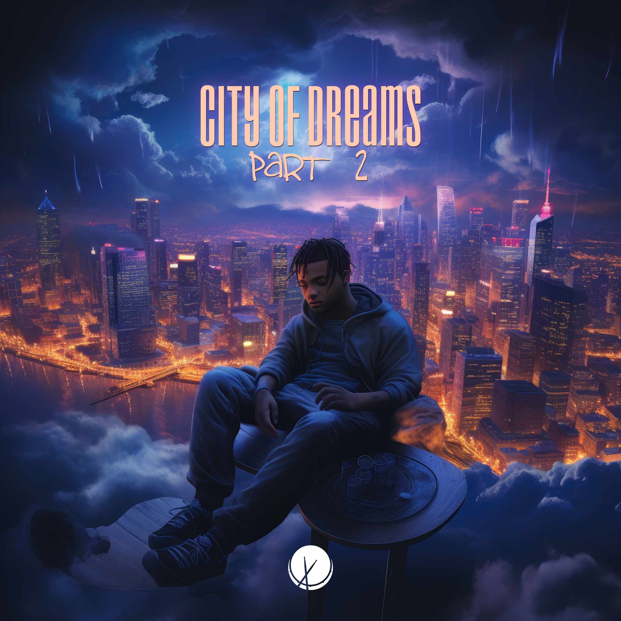 "City of Dreams Part 2" portrays a rapper dreaming against a well-lit cityscape at night, featuring cloudy skies in this captivating hip-hop cover art illustration.