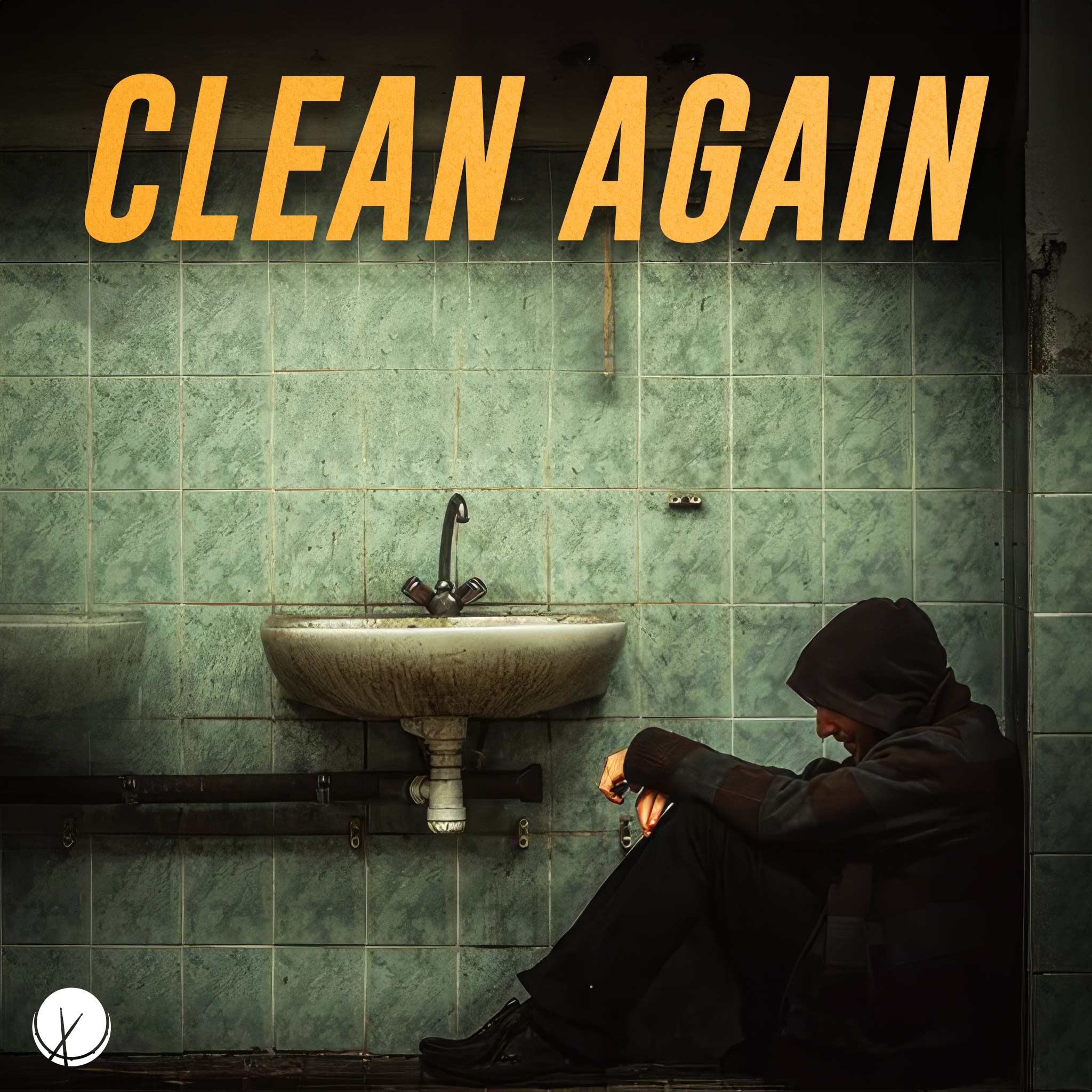 "Clean Again" portrays a powerful image of drug addiction, featuring a man sitting in a dirty bathroom, deep in contemplation about seeking help for recovery.