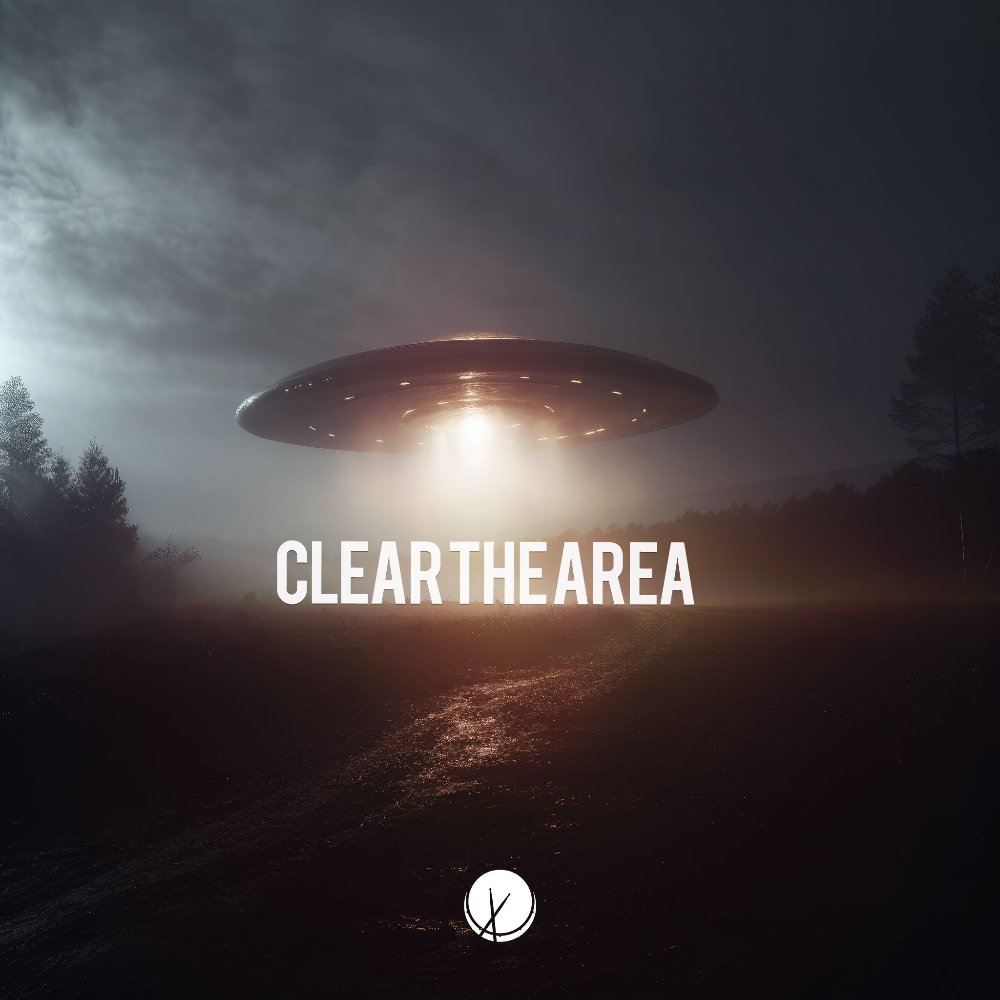 "Clear the Area" presents a cinematic scene with a UFO or UAP hovering about to land at night, surrounded by thick fog and dust particles, creating an atmospheric and mysterious ambiance.