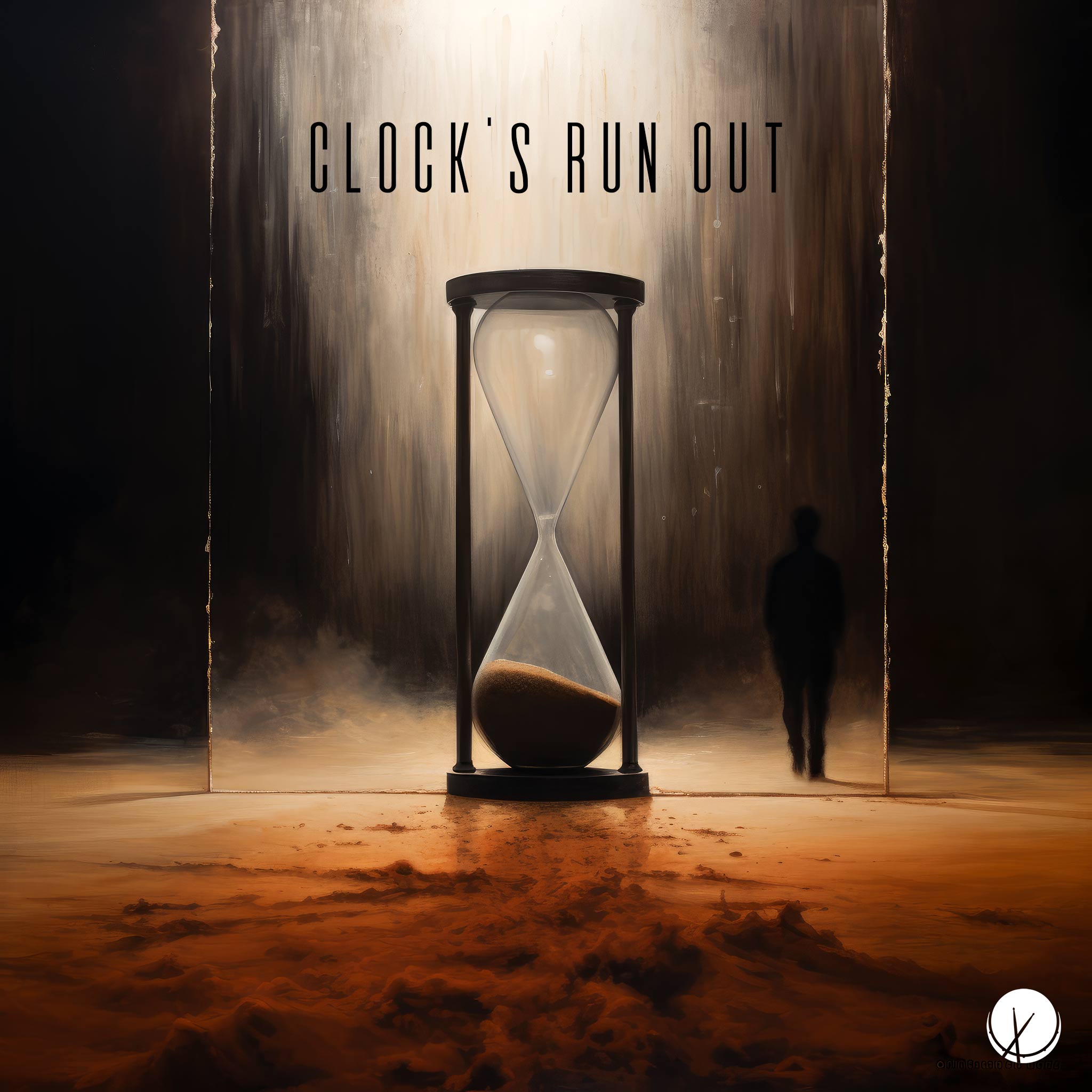 In "Clock's Run Out," an hourglass is featured with sand rapidly emptying, accompanied by the silhouette of a man standing nearby. The image conveys a sense of urgency and passing time in this impactful illustration.