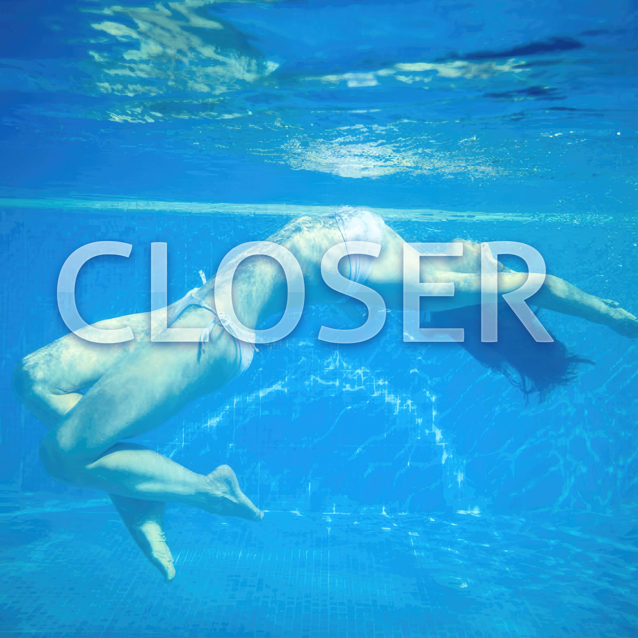 The artwork titled "Closer" depicts a female swimmer in an underwater pose, surrounded by a captivating blue hue. The image exudes a sense of tranquility and elegance.