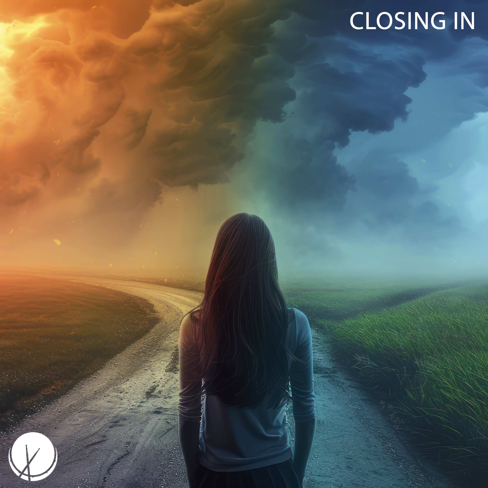 Woman standing on a dirt pathway with dust particles swirling around, set against cloudy weather, capturing the mood of 'Closing In.'