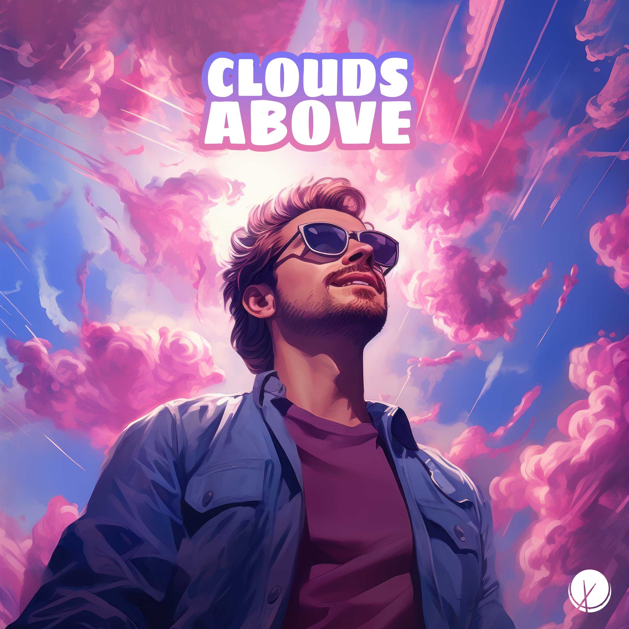 The artwork titled "Clouds Above" features a man with sunglasses looking up towards the sky. The illustration showcases a mesmerizing palette of purple, pink, and blue colors, creating a dreamy atmosphere.