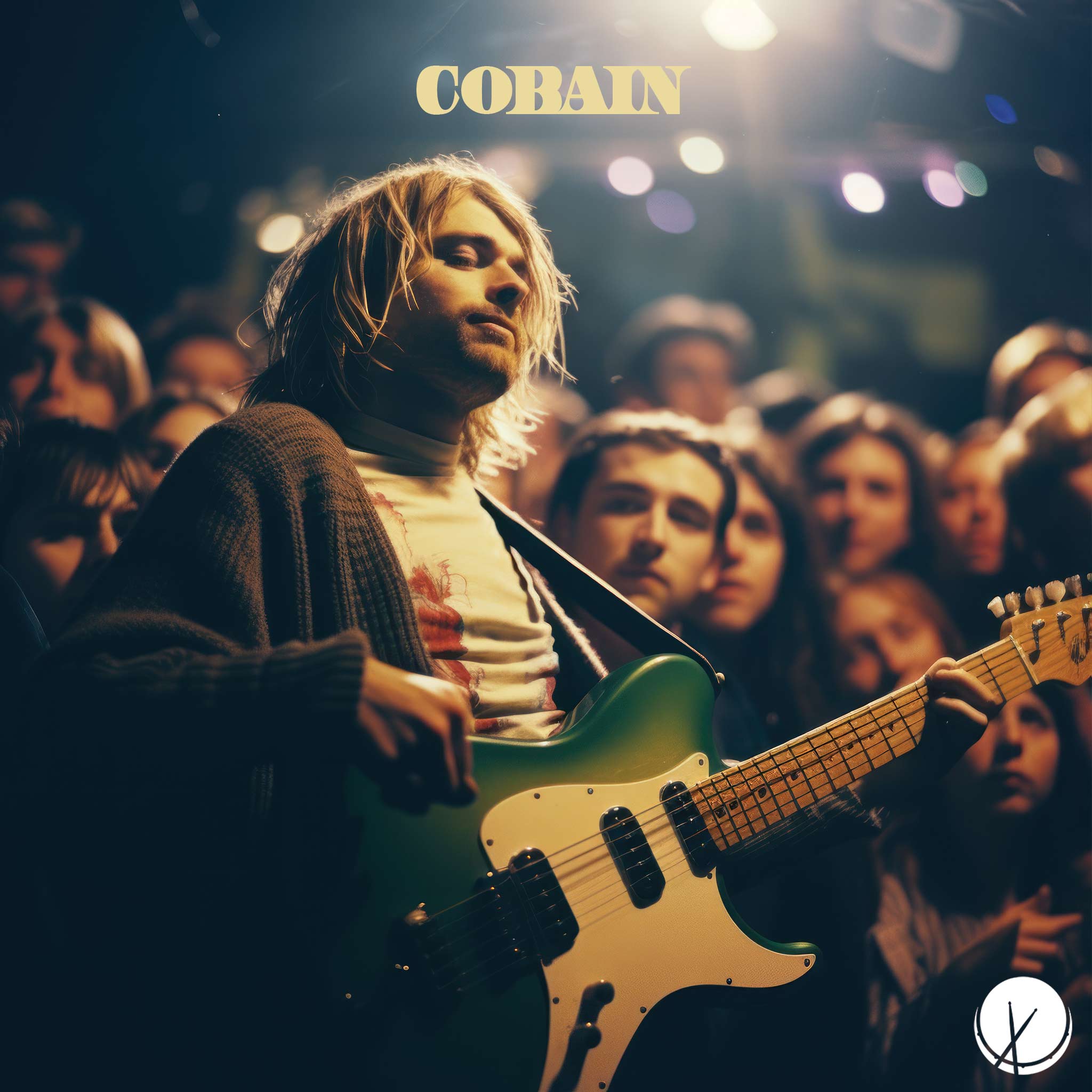 Guitarist Resembling Kurt Cobain Performing at a Concert with a Crowd, Close to the Stage with Stage Lighting - Cobain