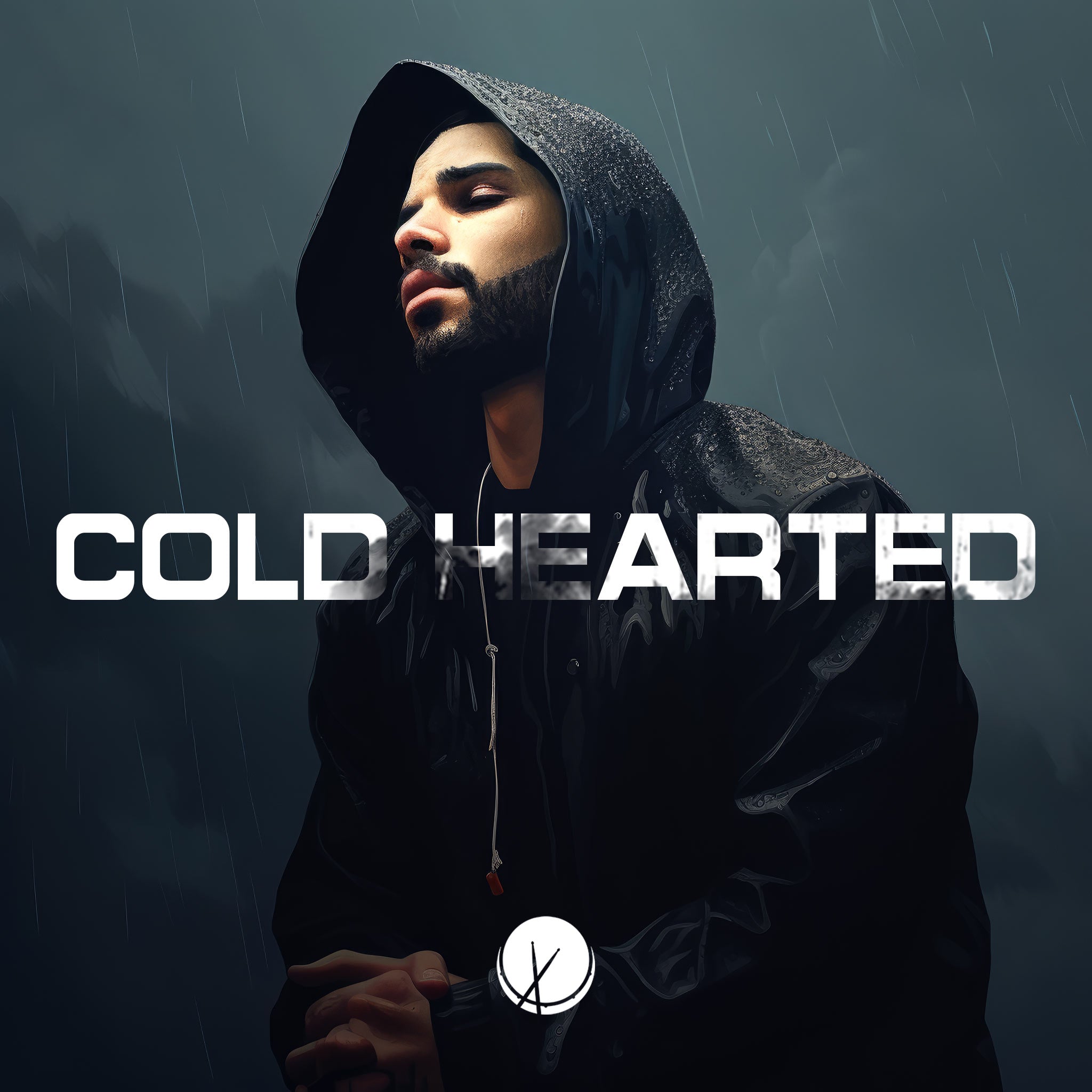 In this illustration titled "Cold-Hearted," a rapper dons a black hoodie, standing in the rain. The scene carries a moody atmosphere, portraying a sense of isolation and intensity amid the falling raindrops.