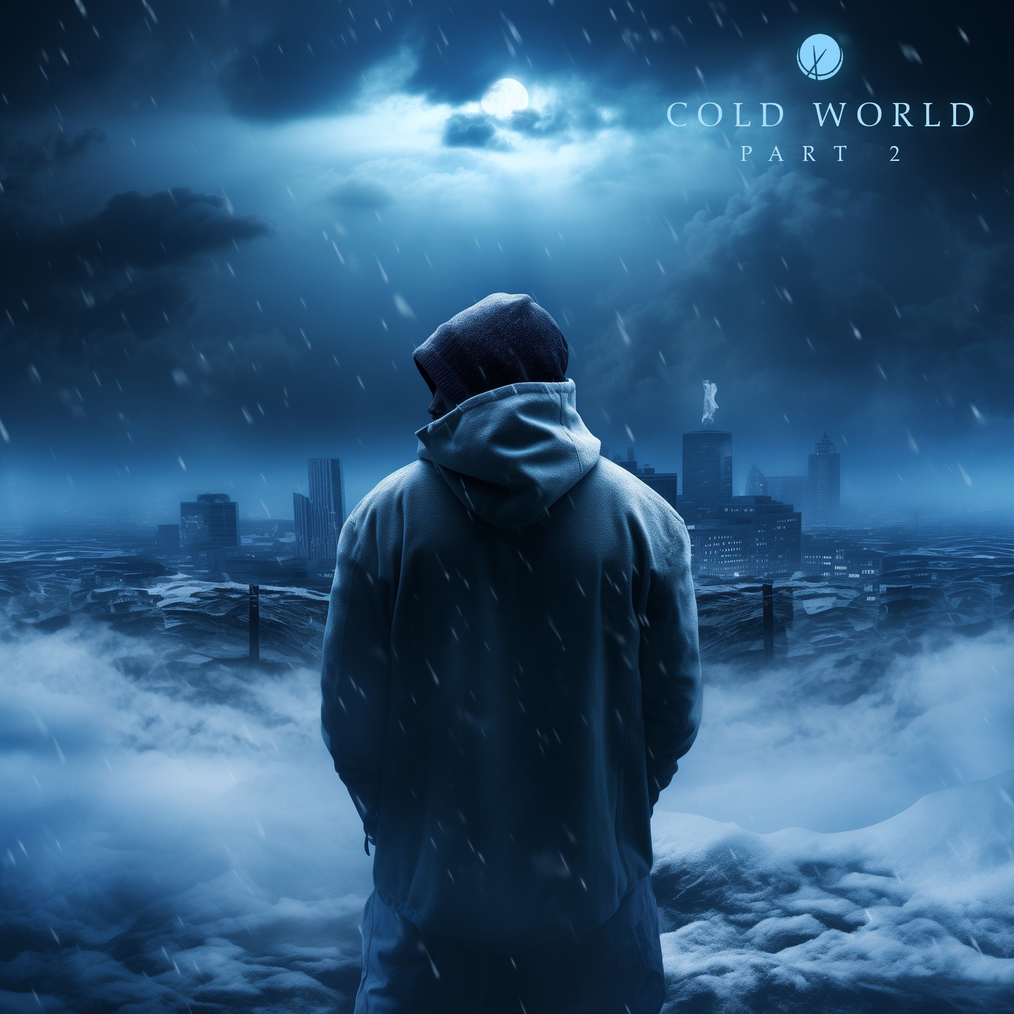 Man wearing a gloved and gray hooded jacket, navigating heavy snow at night with ocean waves rolling over the city, evoking a tsunami, reminiscent of hip-hop cover art.