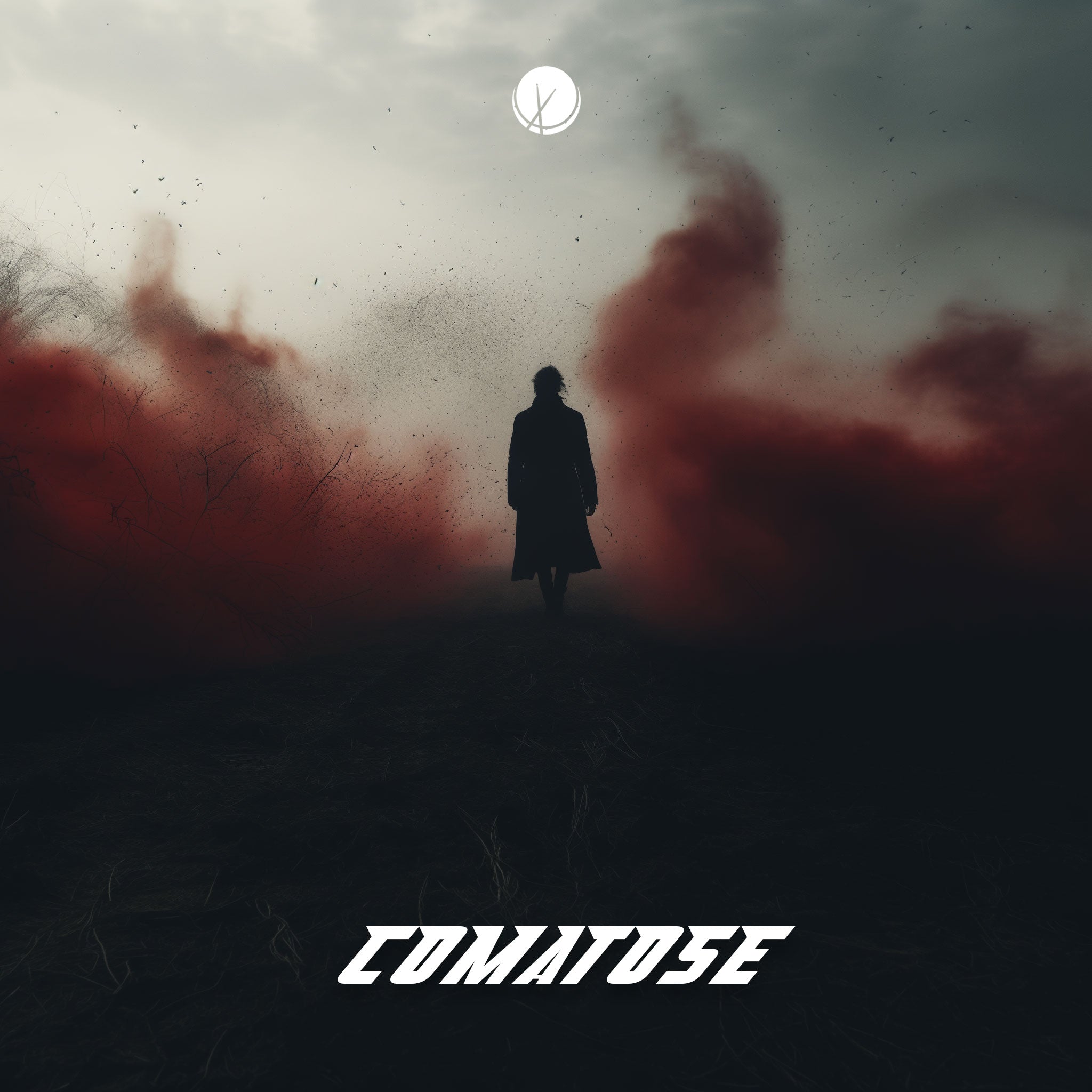 Dreamlike image featuring the silhouette of a person walking in an outdoor, dark, foggy setting with red smoke and dust particles. Title: "Comatose."