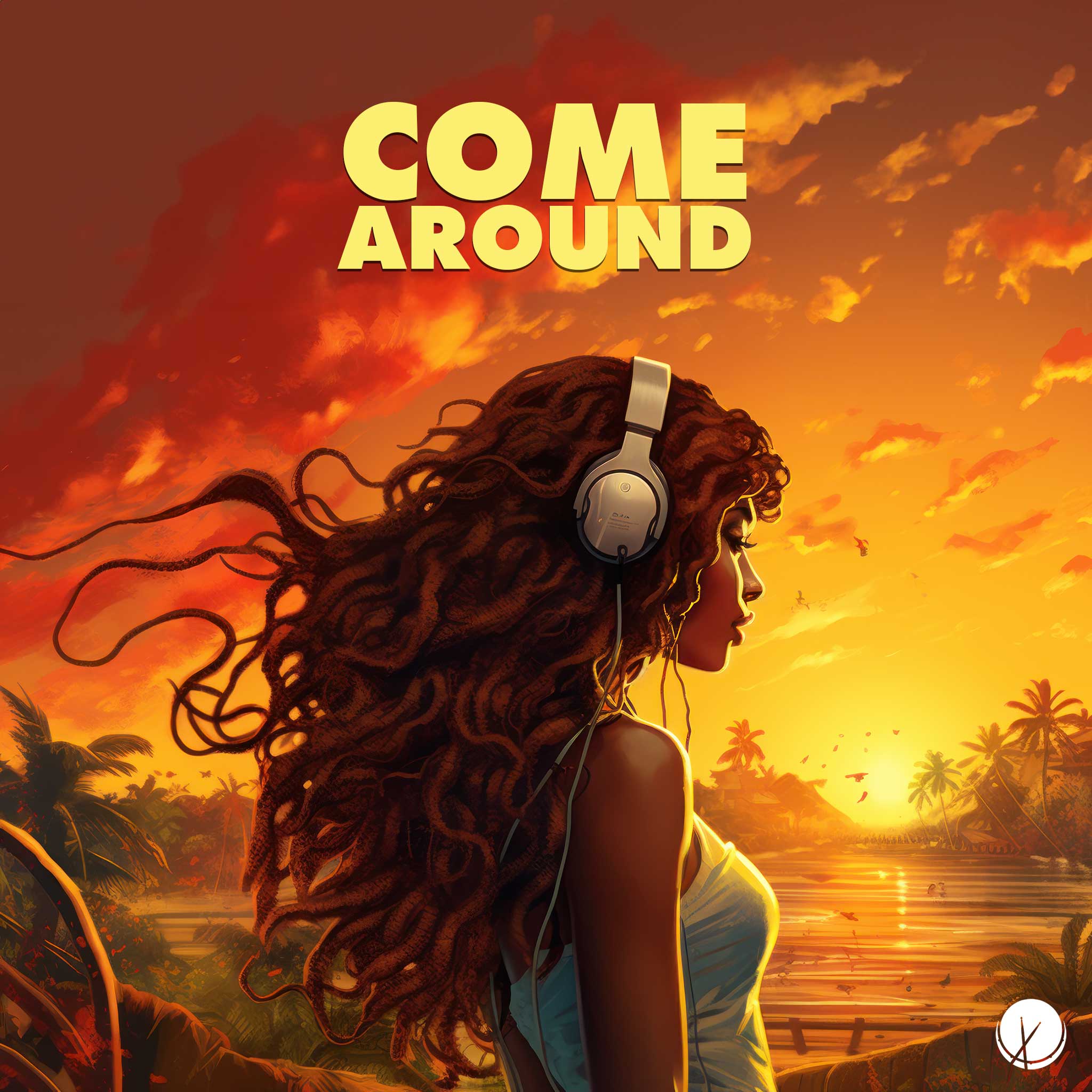 Come Around - Jamaican Woman with Long Dreads, Headphones, Sunny Weather, Island, Reggae Cover Art Illustration