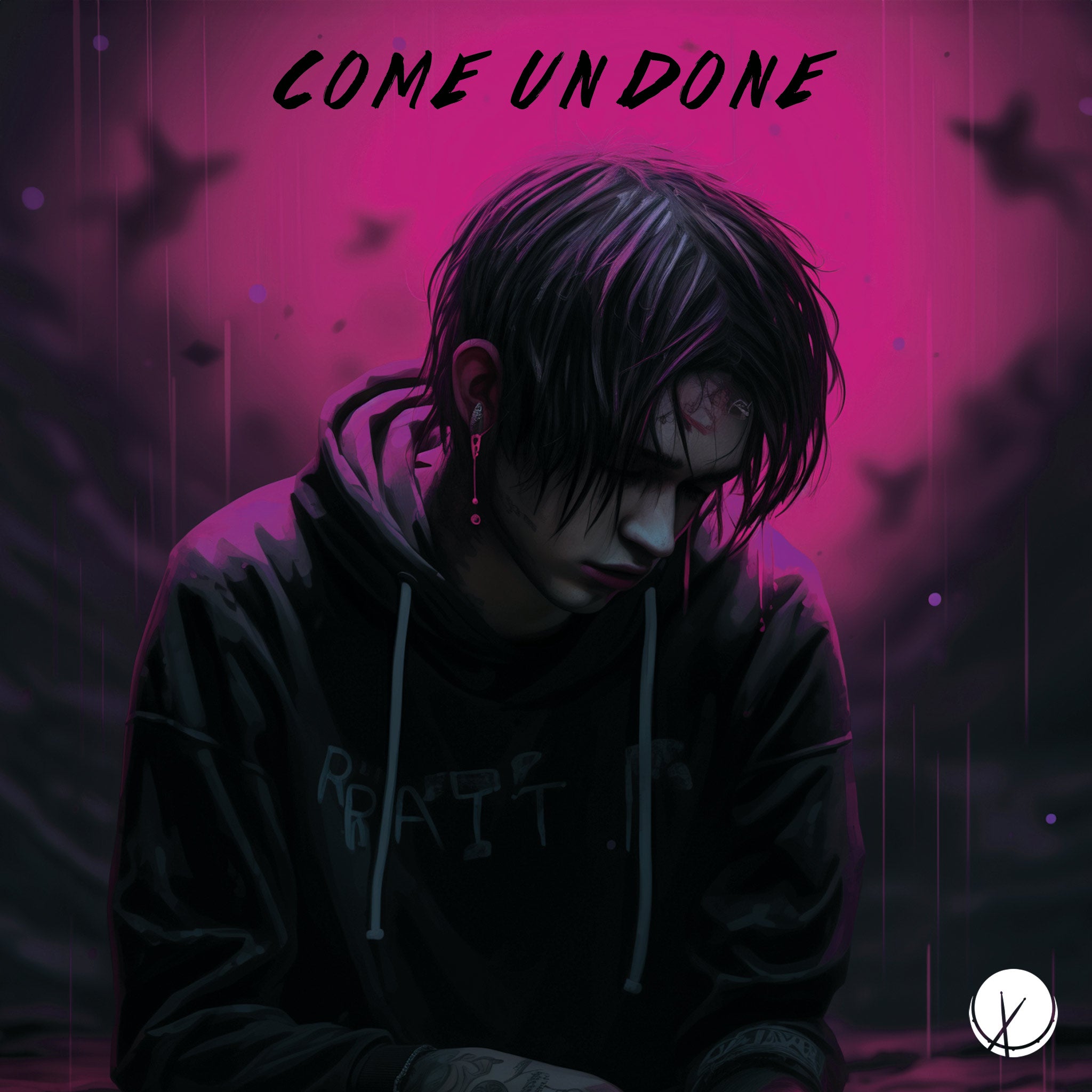 The emotive cover art for "Come Undone" features an emo boy sitting with a somber expression. Clad in a sweatshirt with a hood, the scene is immersed in a purple hue with rain, creating a poignant and atmospheric illustration, perfect for a rock music cover.