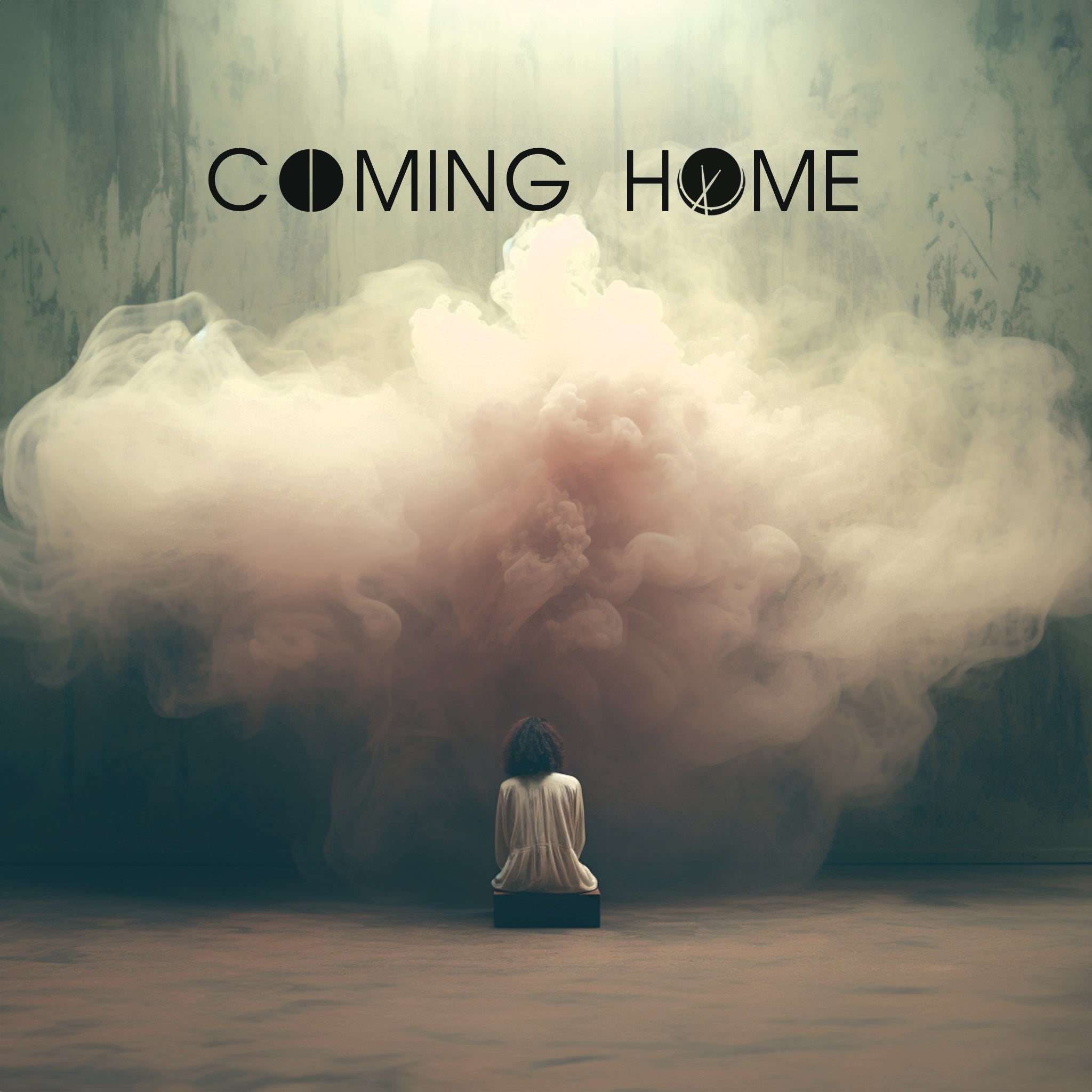 The evocative cover art for "Coming Home" showcases a woman in a white dress sitting in a vast room. Smoke rises in the background, and the scene is set against a grunge-textured wall, creating a surreal and captivating atmosphere.