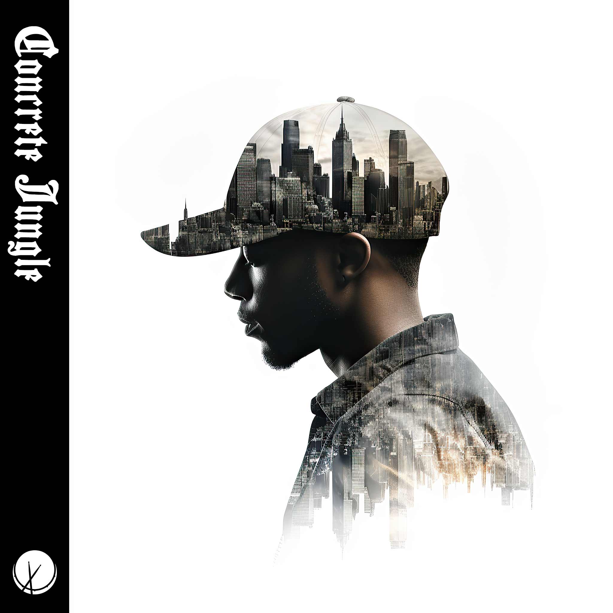 The captivating "Concrete Jungle" hip-hop cover art features a double exposure of a rapper superimposed against a backdrop of towering city skyscrapers. The urban aesthetic captures the essence of the concrete jungle and the hip-hop scene.