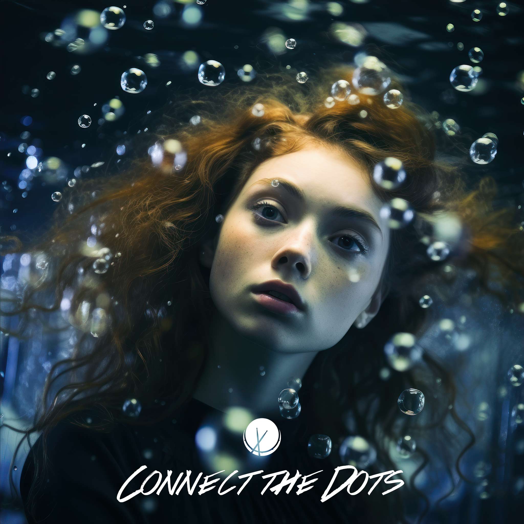 Young Woman with Freckles and Long Red Curly Hair in Black Clothing, Focused Expression Surrounded by Bubbles - C