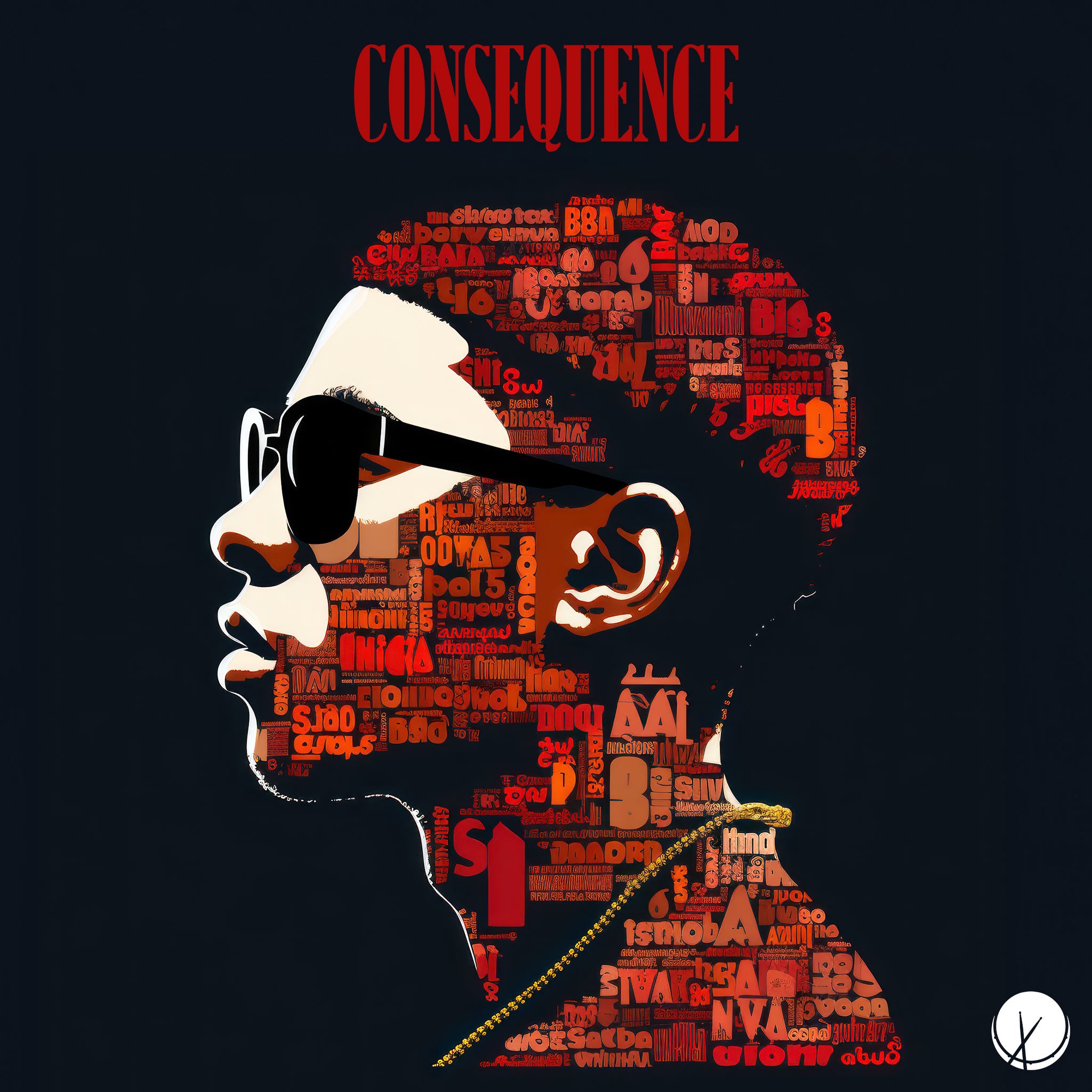 Rapper Wearing Sunglasses and Gold Chain with Word Collage in Varying Shades of Orange Against Deep Blue Background - Consequence Profile View