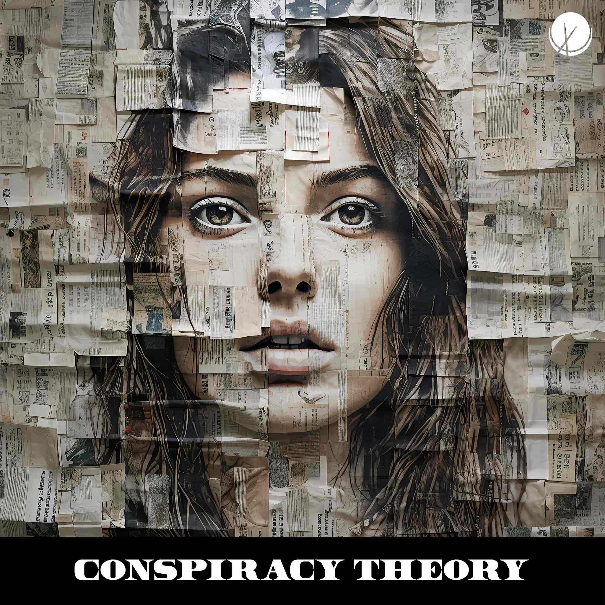 "Conspiracy Theory" depicts a woman's face seamlessly blended with newspaper clippings, conveying an expression of panic and fear. The high-quality illustration captures the intensity and intrigue associated with conspiracy theories, making it a compelling and thought-provoking cover art.