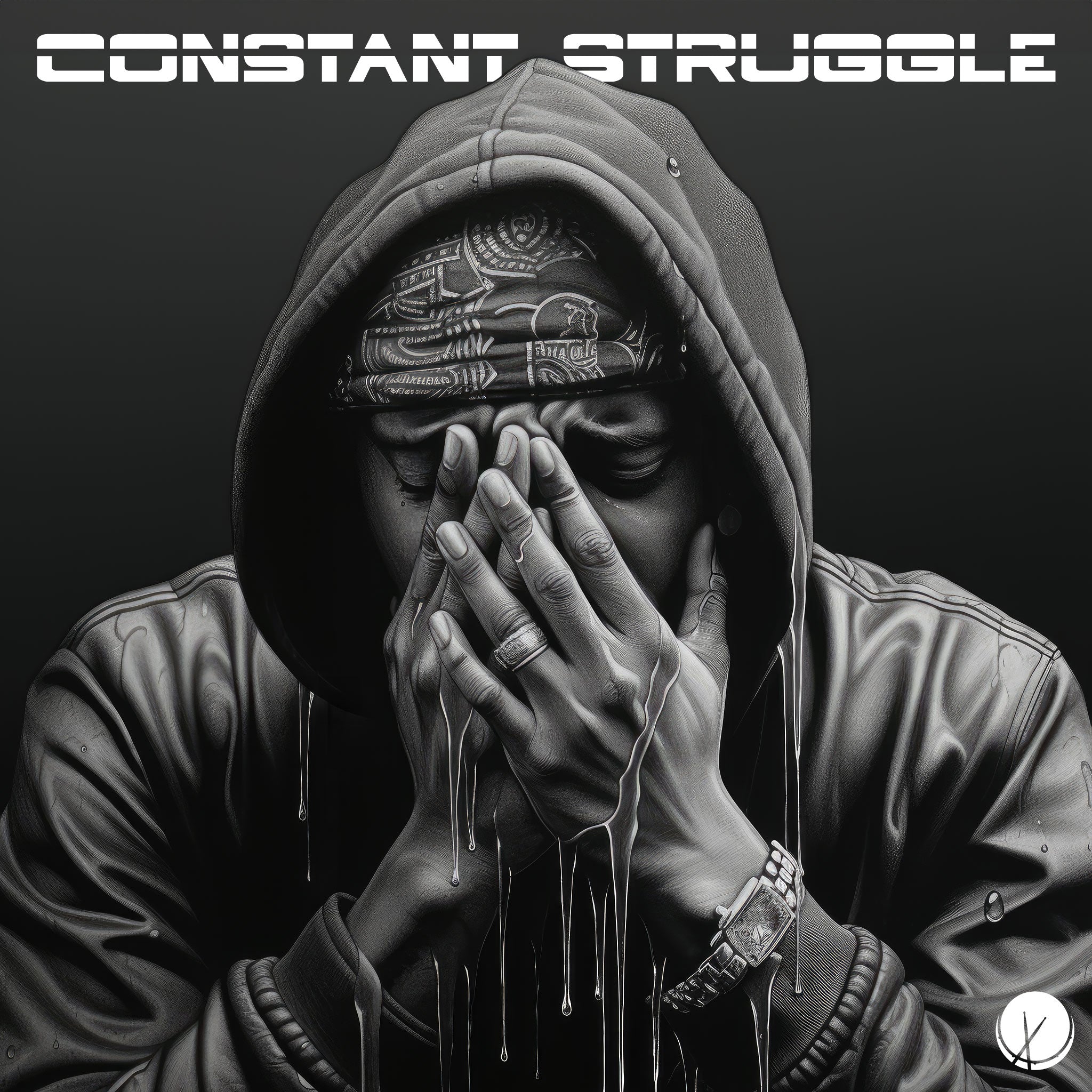 "Constant Struggle" features a grayscale illustration of a rapper covering their face with hands, conveying a poignant moment of vulnerability and emotional turmoil. Tears flow, reflecting the ongoing challenges depicted in this compelling cover art.