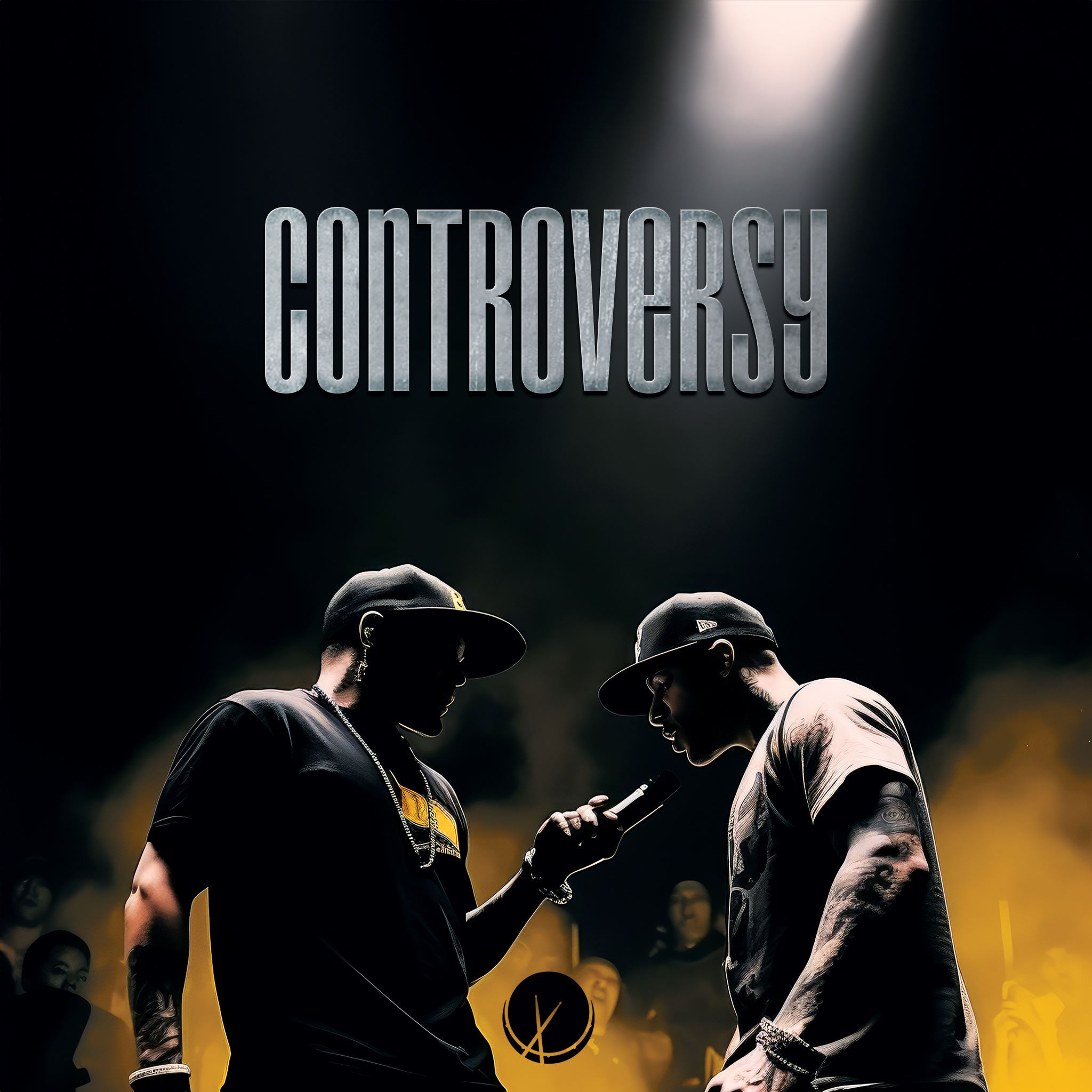 "Controversy" captures the intensity of a rap battle on a dimly lit stage, featuring two passionate rappers captivating the crowd with their fierce competition. The glow of the microphone adds drama to the scene.