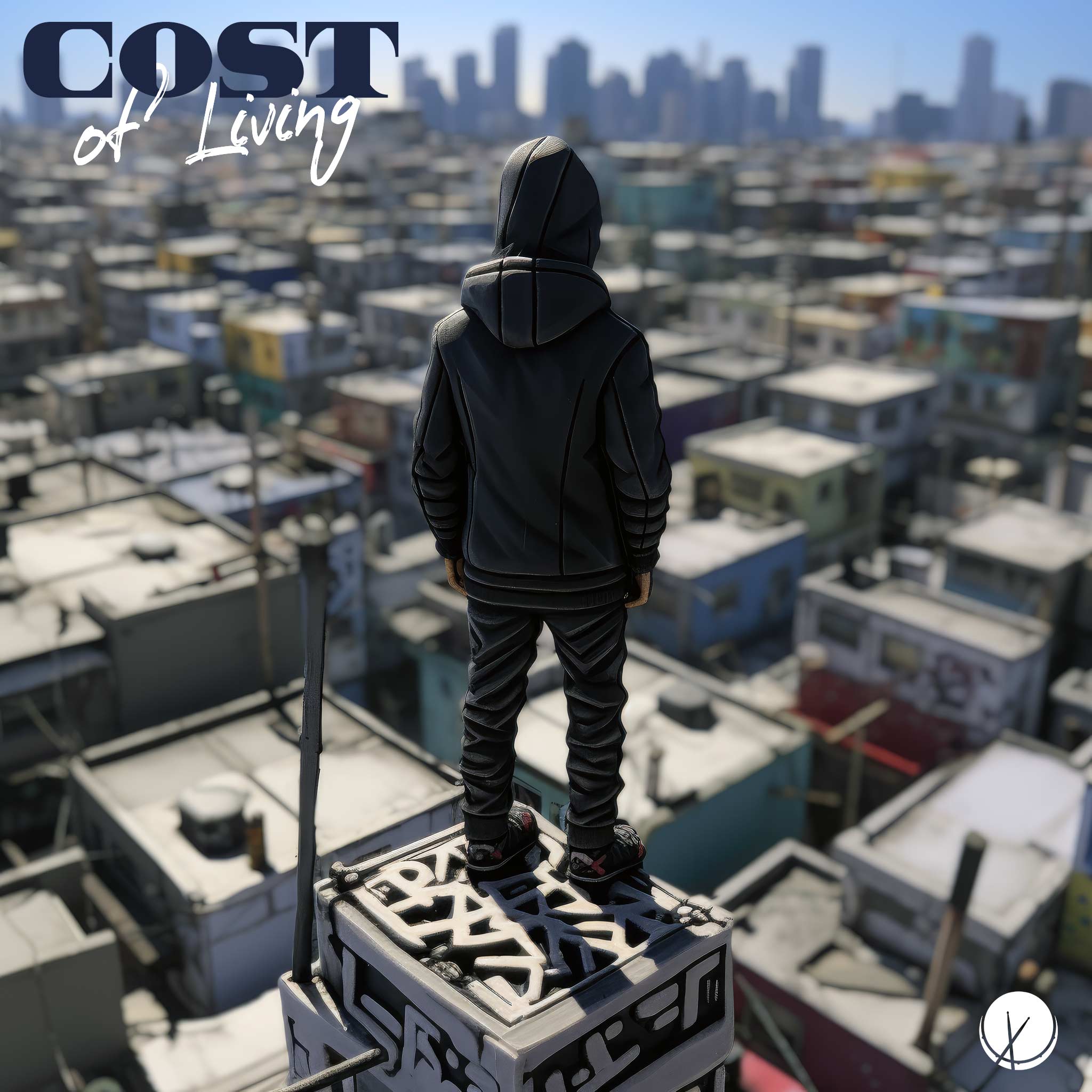 "Cost of Living" portrays a man in urban clothes standing atop a high building, gazing at the sprawling cityscape below. The image captures the struggle and stress associated with the challenges of urban life.