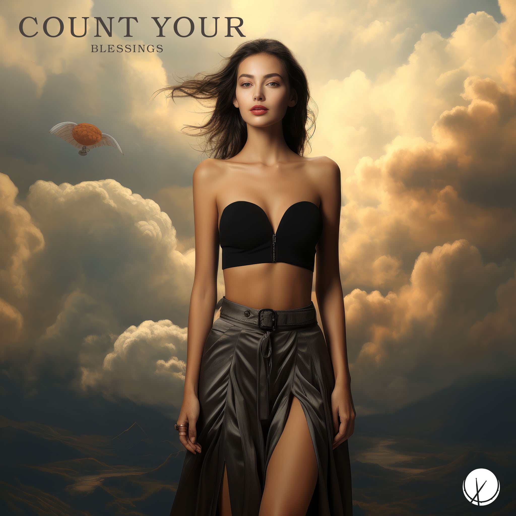 "Count Your Blessings" portrays a slim supermodel against a backdrop of cloudy skies. The pop cover art illustration captures a serene and contemplative mood.